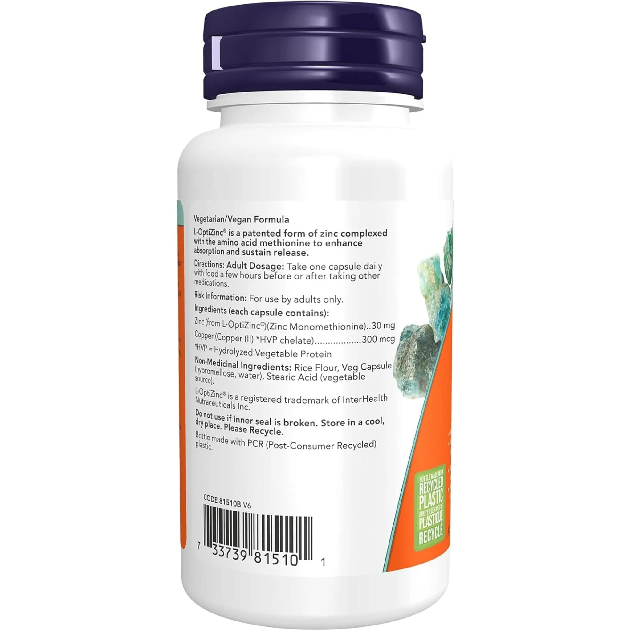 NOW L-OptiZinc 30mg with Copper, 100 VCapsules - Image 2