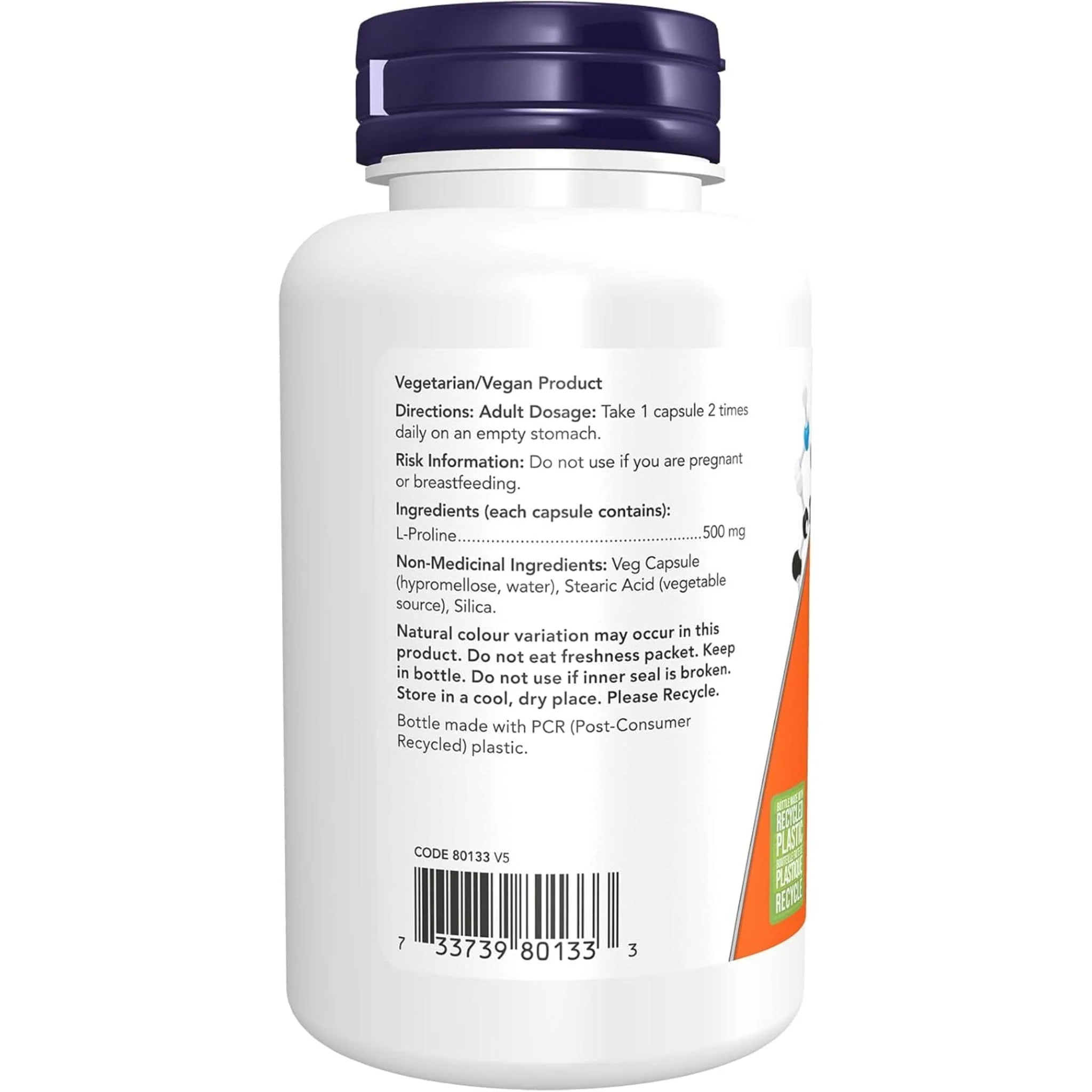 NOW L-Proline, 500mg, 120 VCaps - Image 3