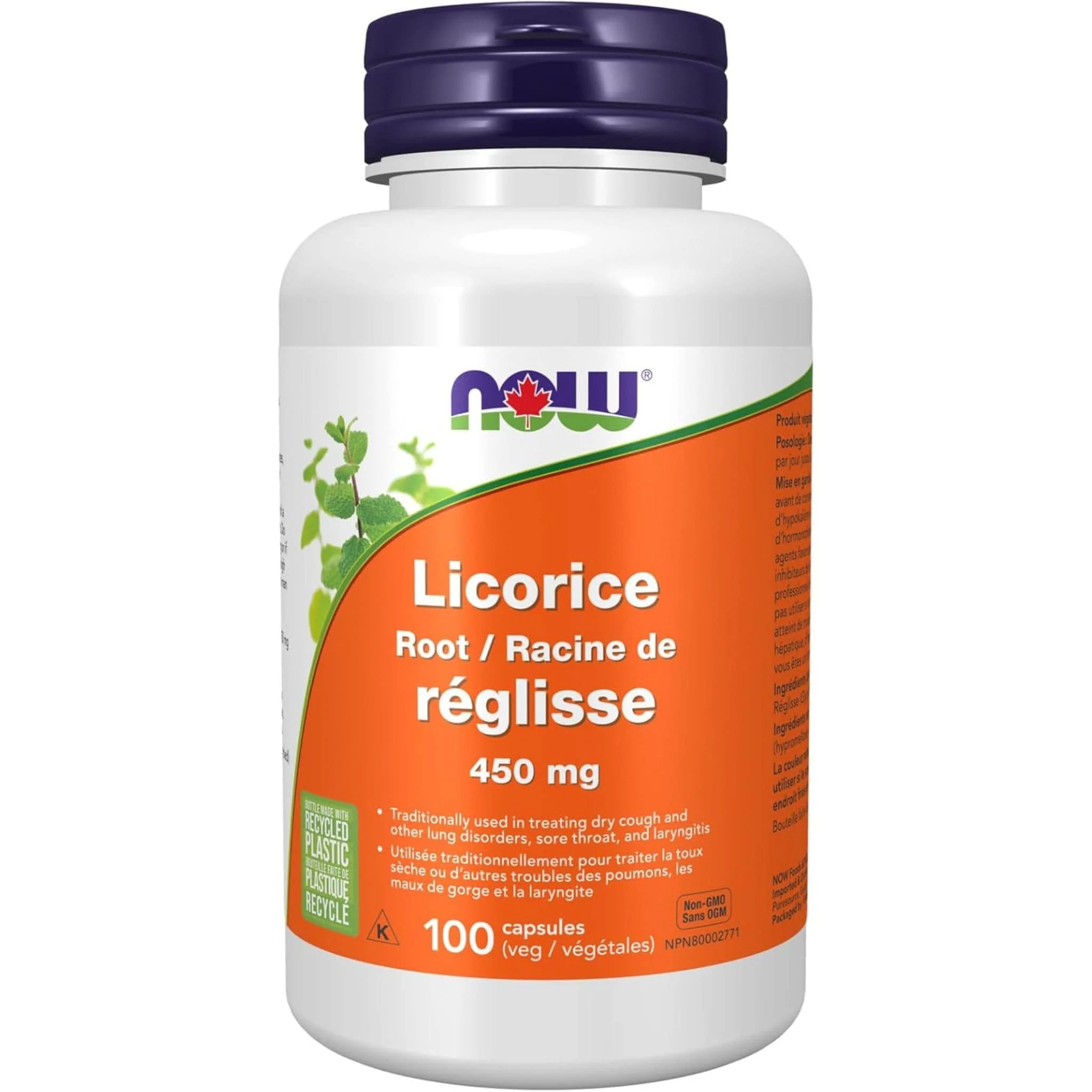 NOW Licorice Root 450mg, Used for Treating Dry Cough and other Lung Disorders and Sore Throat,, 100 Vegetable Capsules