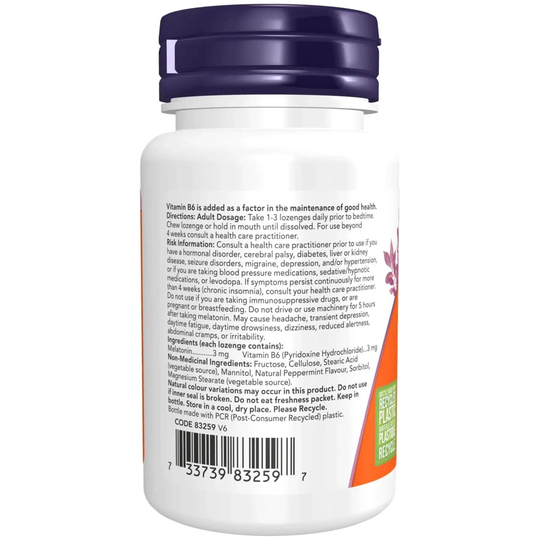 NOW Chewable Melatonin 3mg with Vitamin B6, Peppermint Flavoured Chewable Lozenges - Image 3