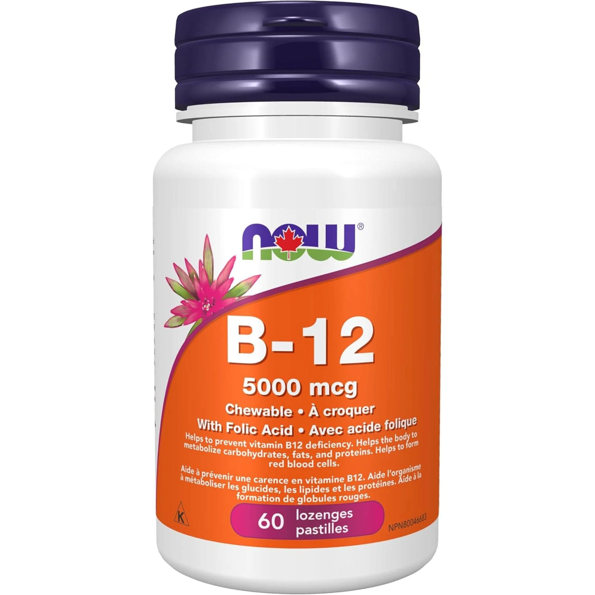 NOW B-12 (Cyanocobalamin) 5000mcg with Folic Acid, 60 Lozenges - Image 2