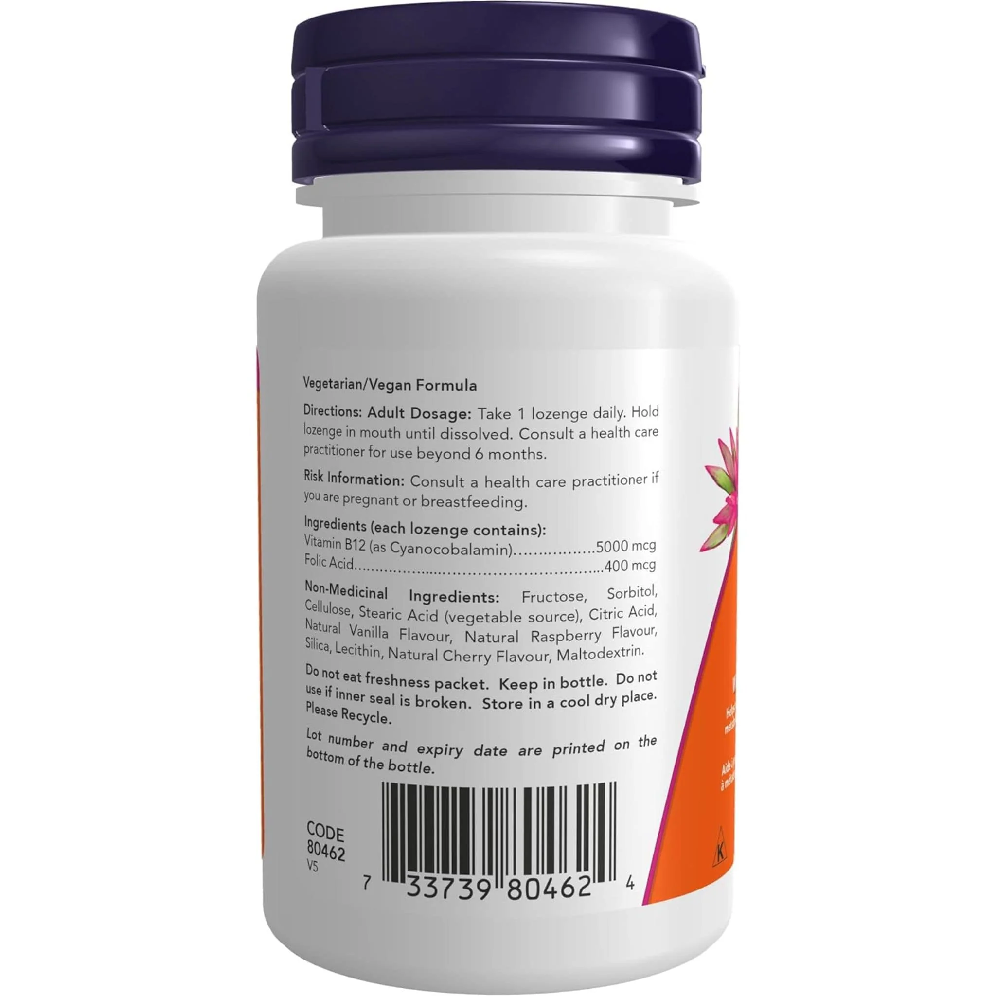 NOW B-12 (Cyanocobalamin) 5000mcg with Folic Acid, 60 Lozenges - Image 4