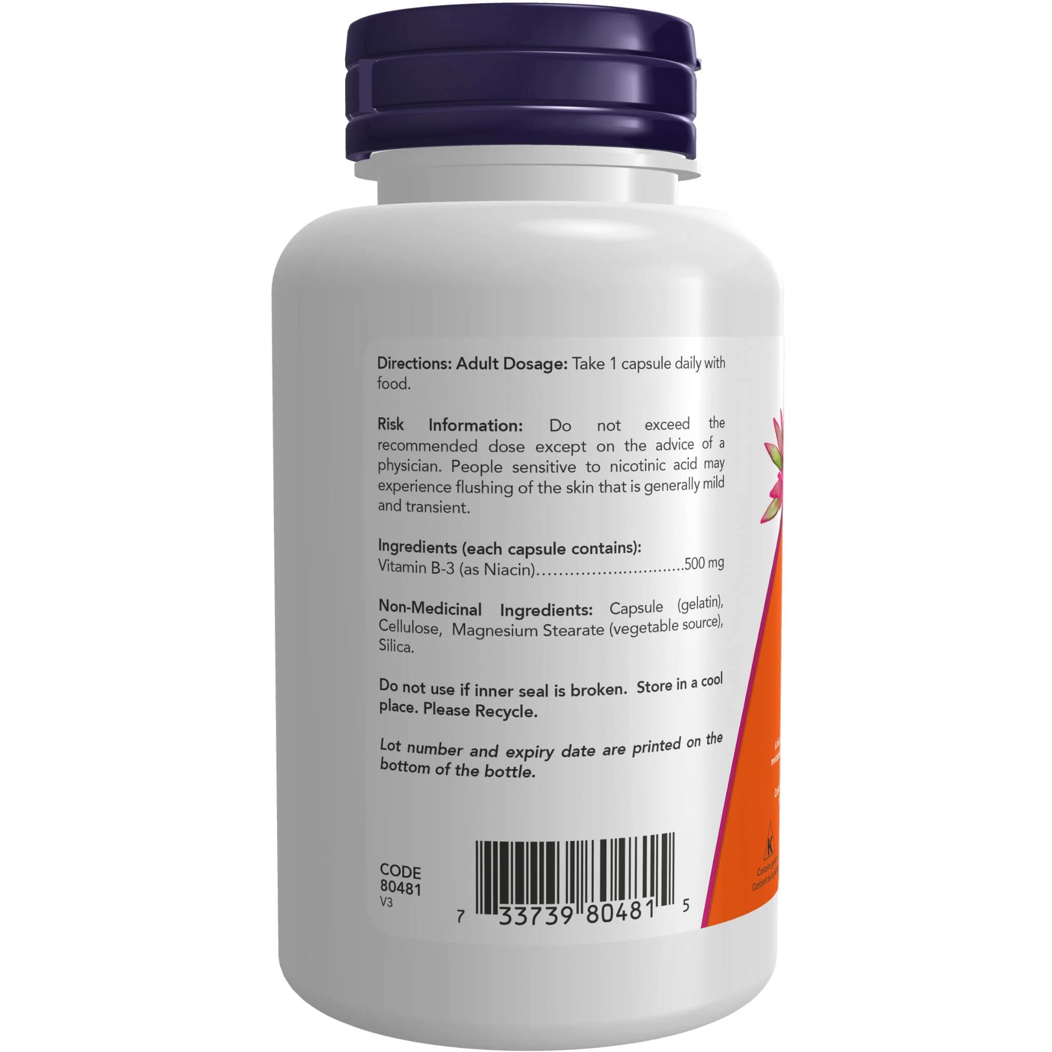 NOW Niacin 500mg, 100 Capsules - Image 2
