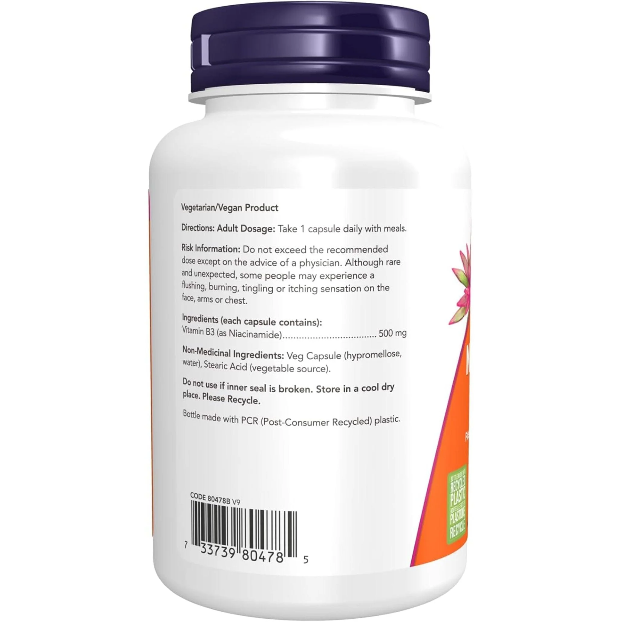 NOW Niacinamide, Vitamin B3, 500mg, 100 Capsules - Image 2