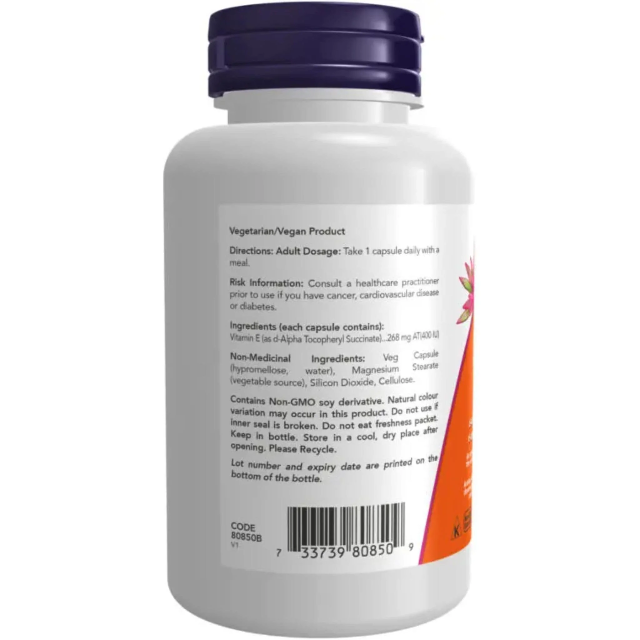 NOW Vegetarian Dry Vitamin E-400 IU, 100 Capsules - Image 3