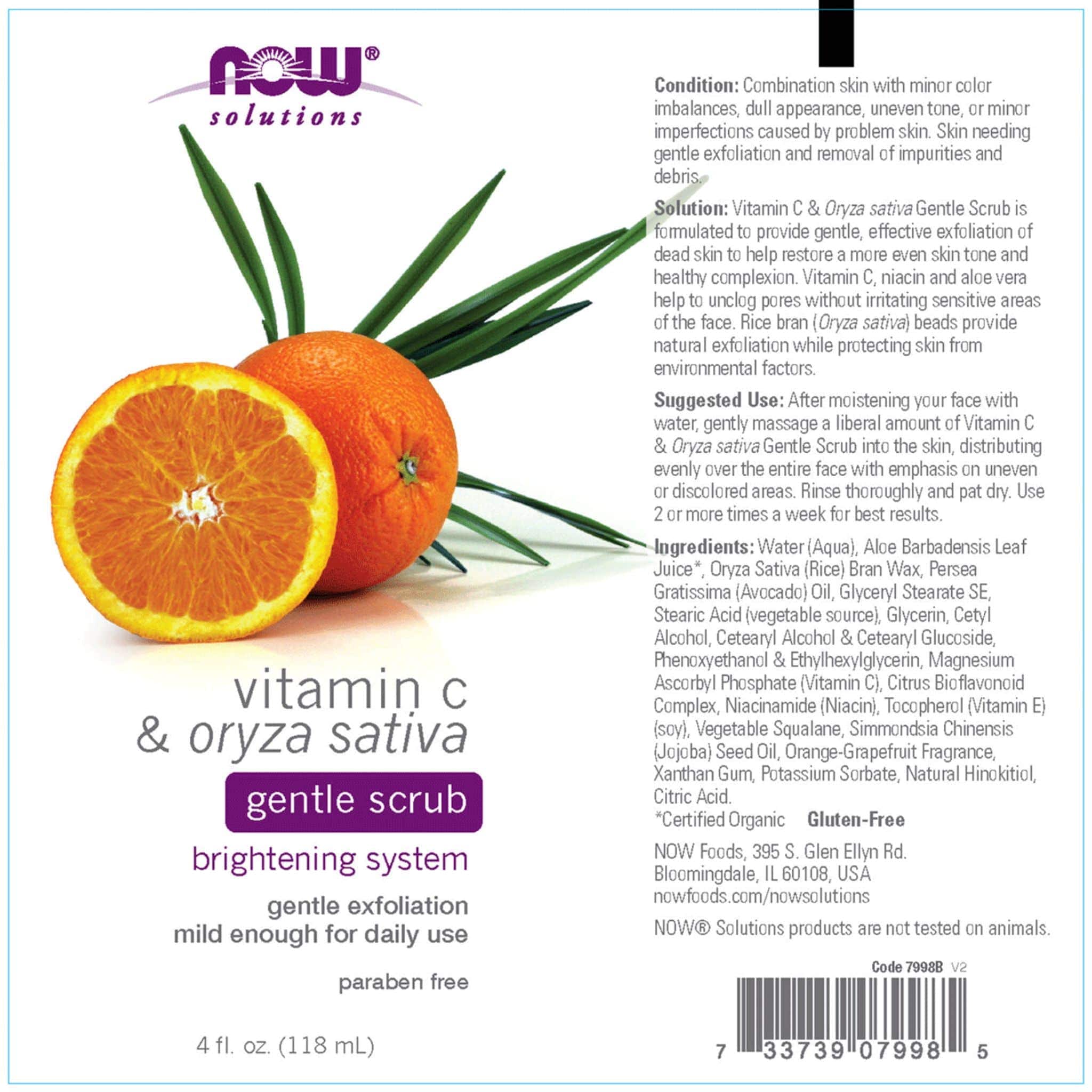 NOW Vitamin C & Oryza Sativa (Rice) Gentle Scrub, Paraben Free, 118ml - Image 3