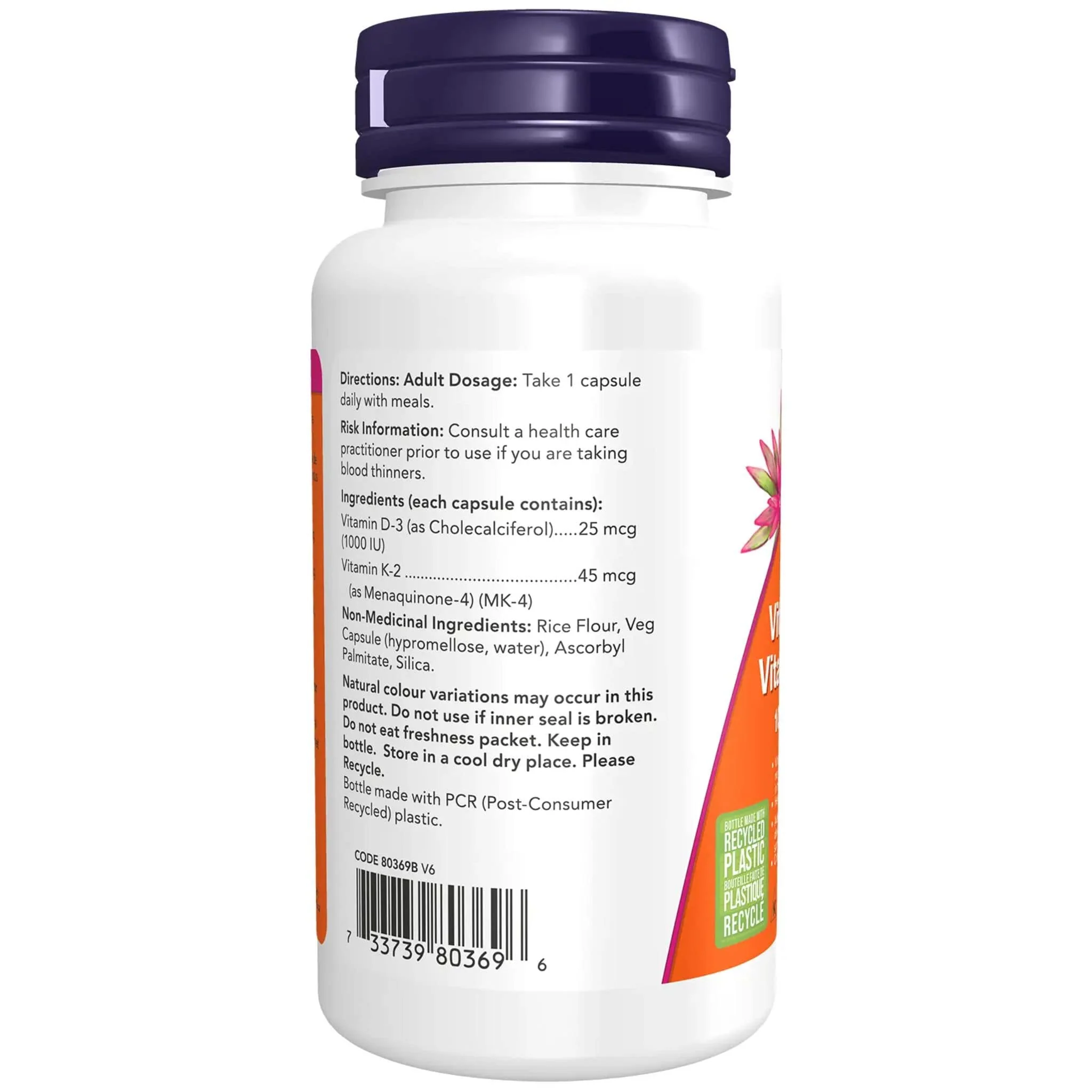 NOW Vitamin D3 & K2, 1000IU & 45mcg, 120 Vcaps - Image 2