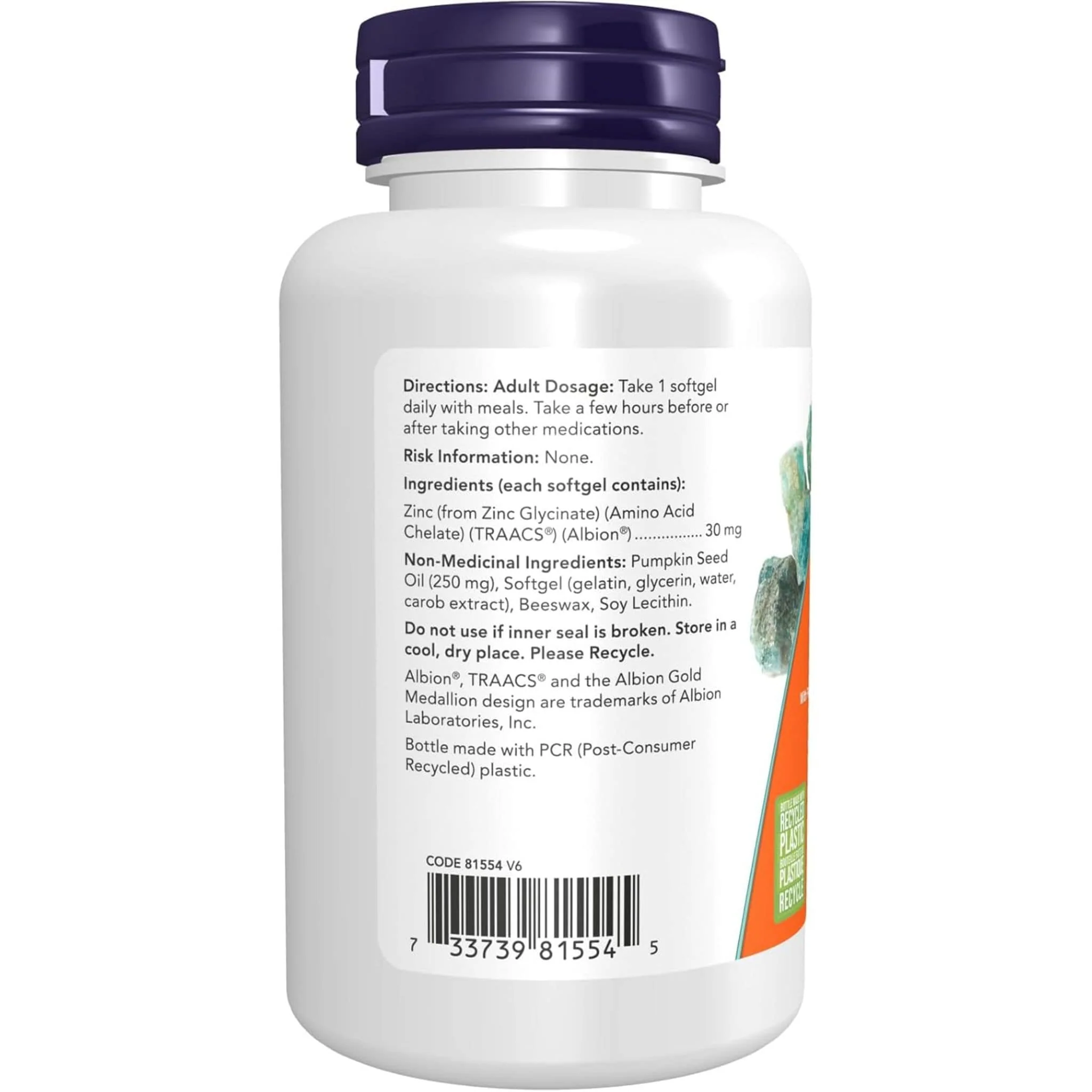 NOW Zinc Glycinate 30mg (Bisglycinate Form), 120 Softgels - Image 4