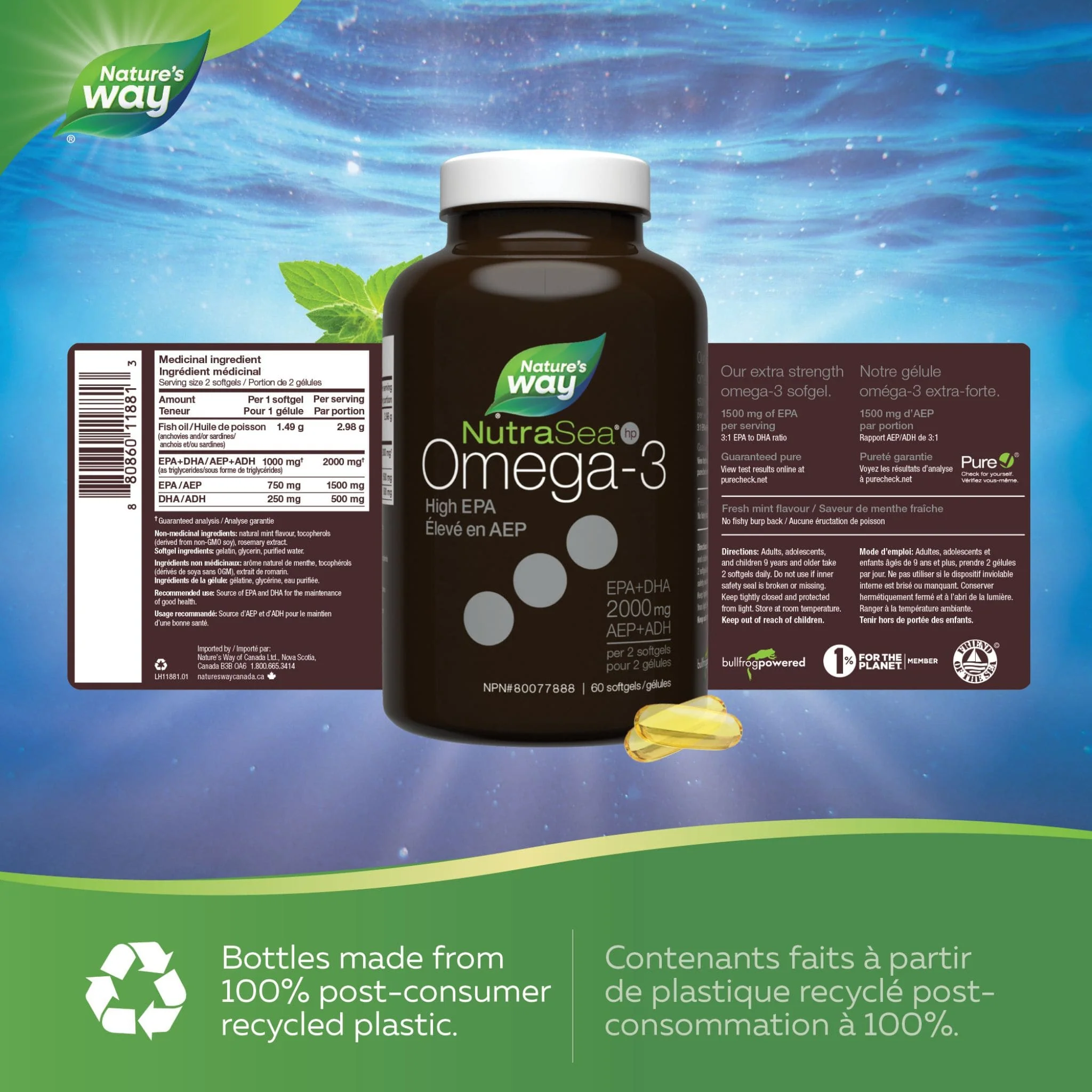 NutraSea HP Omega-3 Extra Strength EPA Fish Oil, Fresh Mint, 60 Liquid Softgels - Image 2