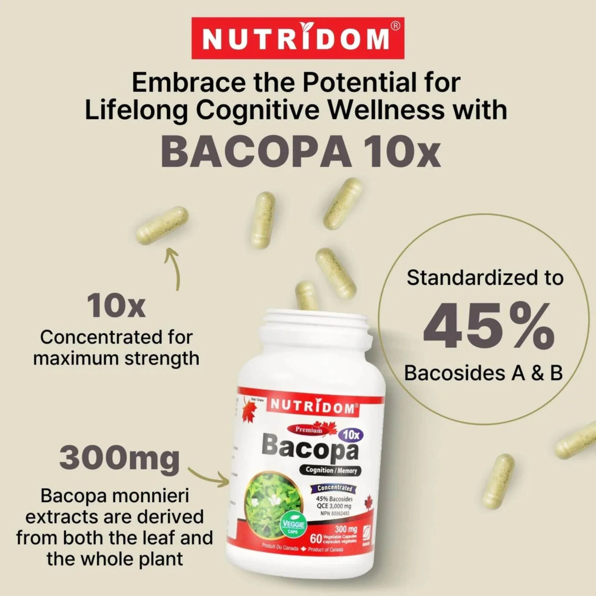 Nutridom Bacopa 10x, 300mg, 45% Bacosides, Supports Cognitive Health, 60 Vegetable Capsules - Image 4