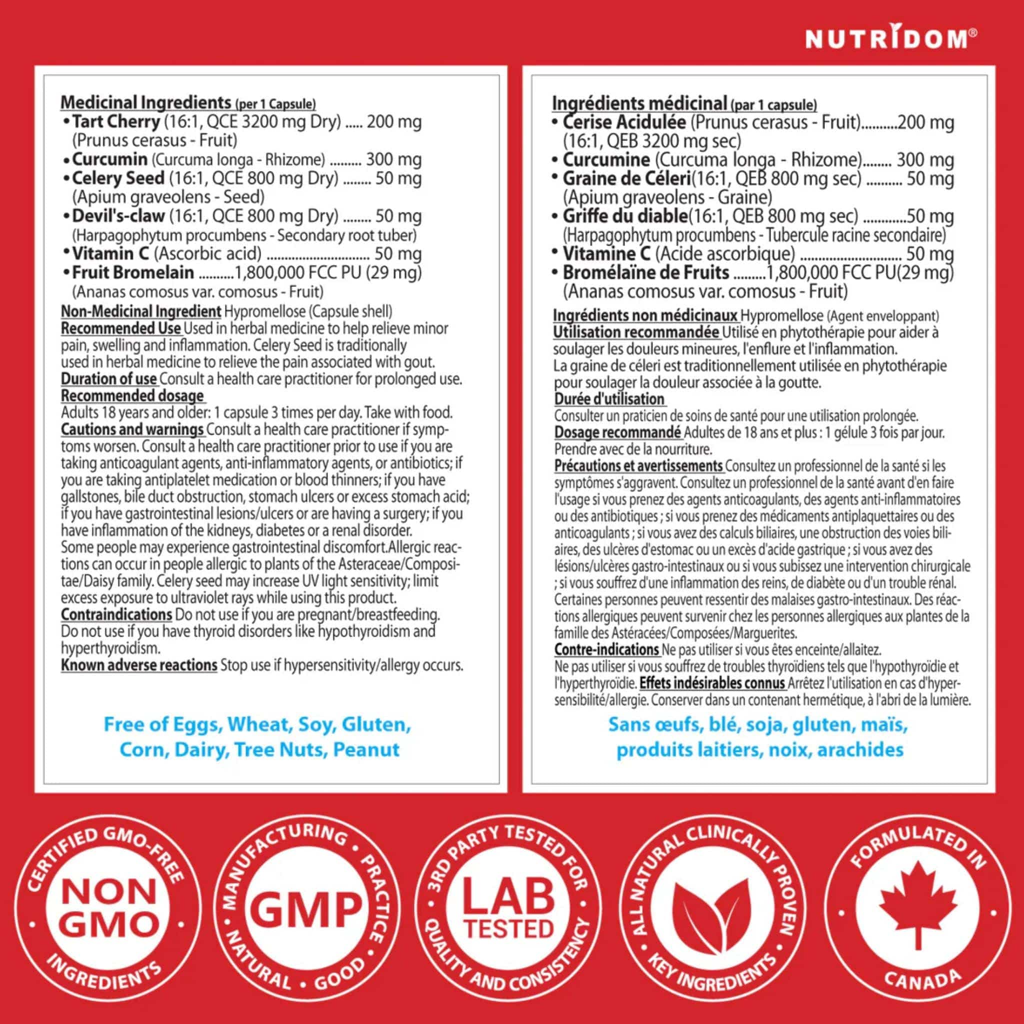 Nutridom GOUTart, Featuring Tart Cherry, Curcumin, Celery Seed, Devil's Claw, Vitamin C and Bromelain, Gout Relief and Anti-Inflammatory Support, 60 Vegetable Capsules - Image 6