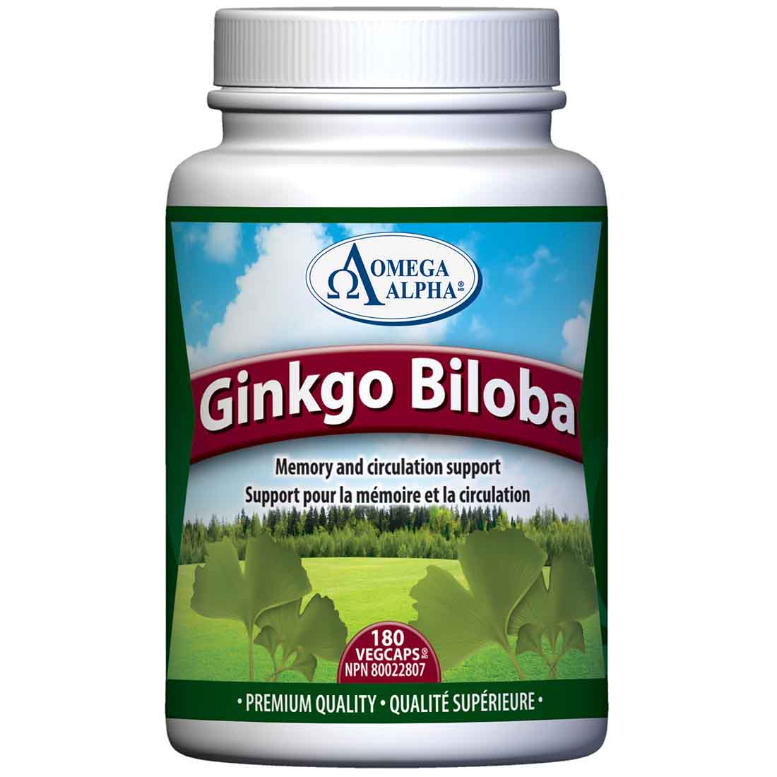Omega Alpha Ginkgo Biloba 60mg 50:1 Standardized Extract, 180 Vegetable Capsules
