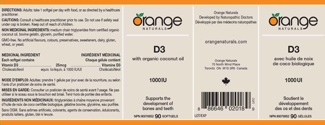 Orange Naturals Vitamin D3 with Organic Coconut Oil 1000IU, 90 Softgels - Image 2