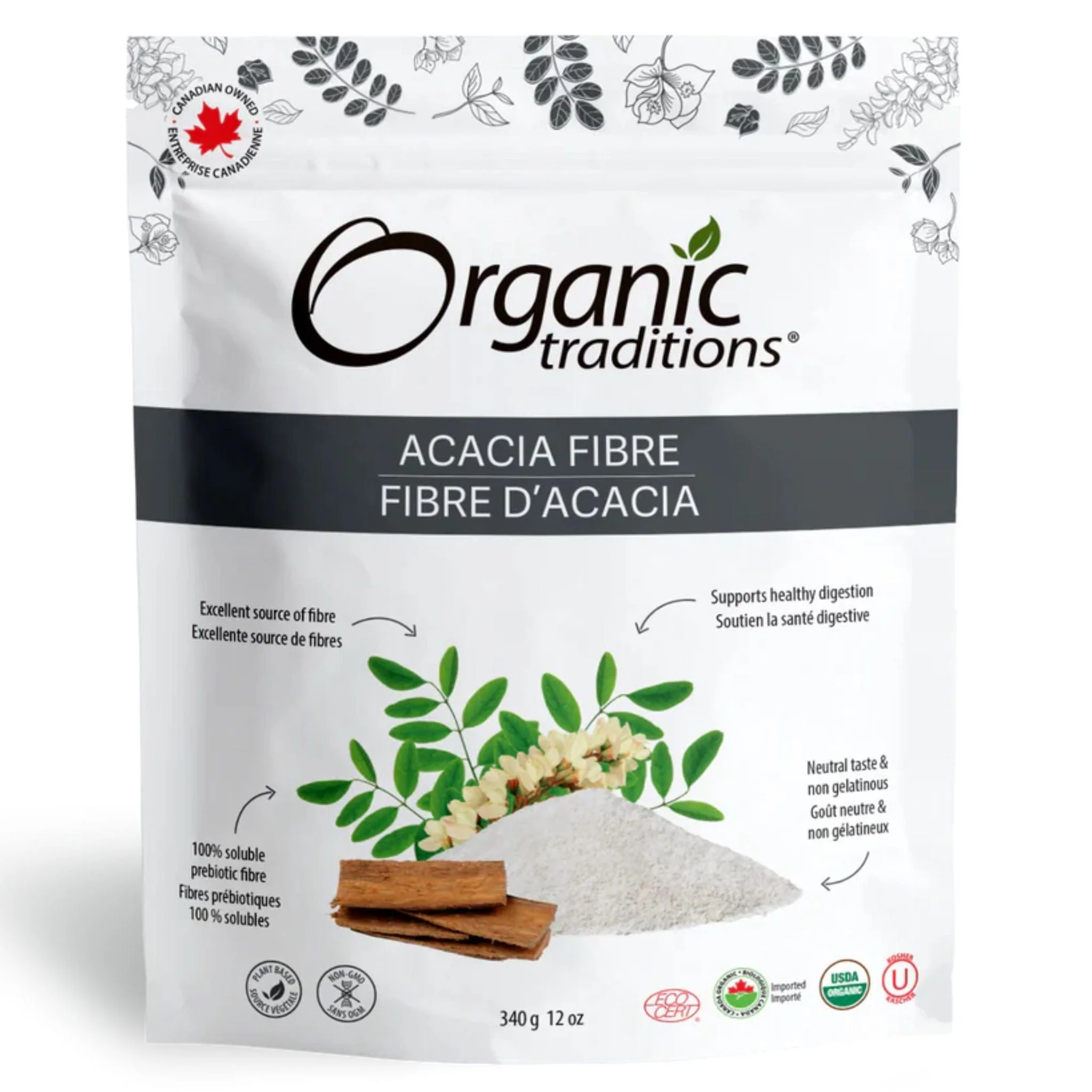 Organic Traditions Acacia Fibre, Prebiotic fibre to support digestion, 340g