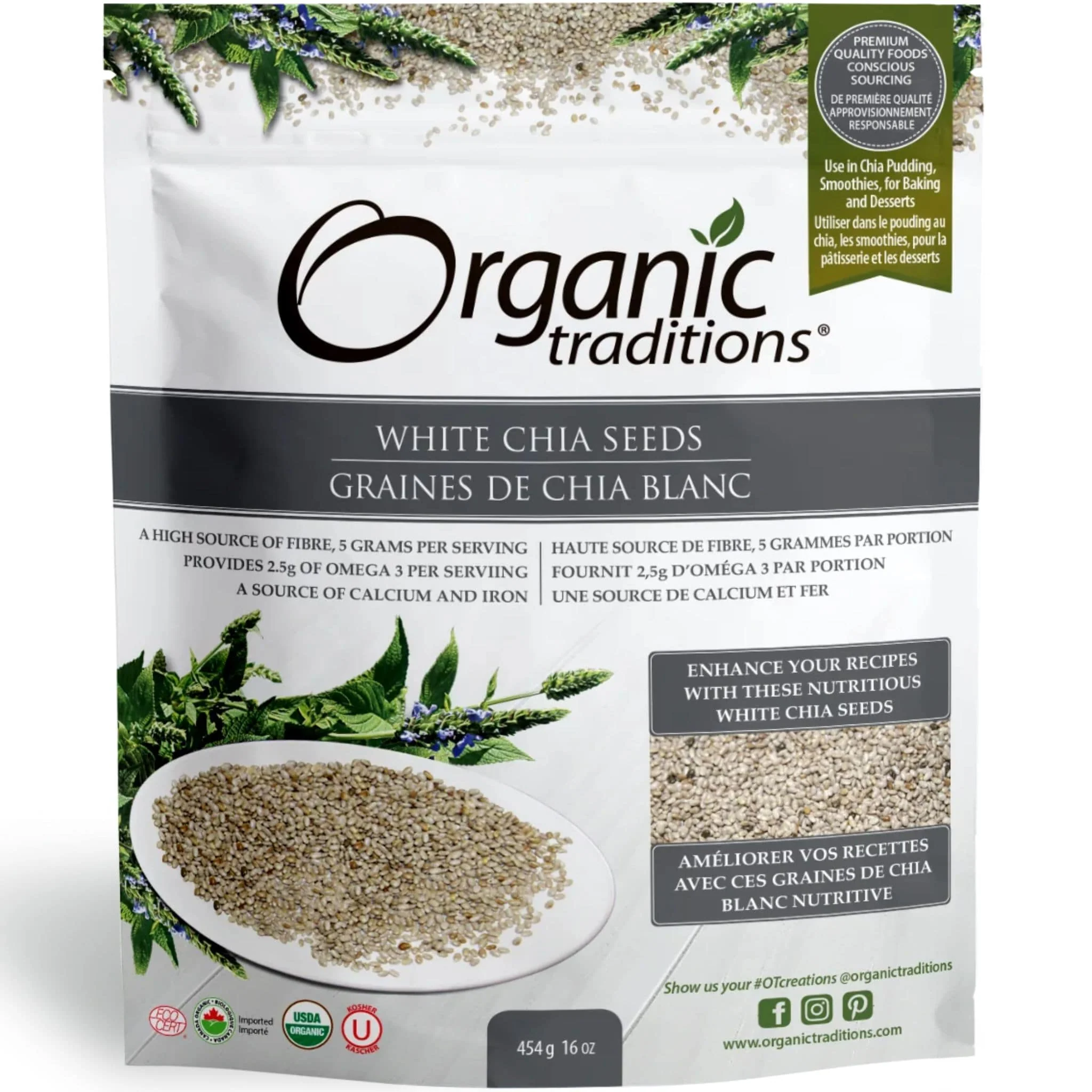 Organic Traditions Chia Seeds, White Whole Chia Seeds, Nutrient Dense, High in Fiber, Rich in Omega-3, 454g