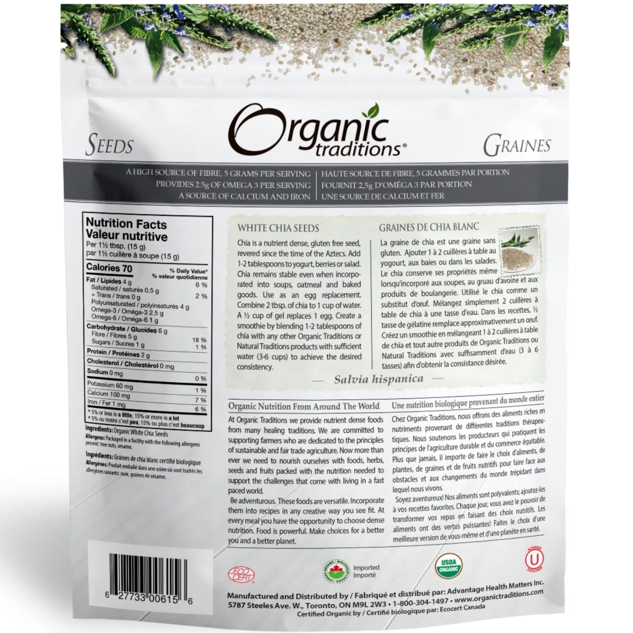 Organic Traditions Chia Seeds, White Whole Chia Seeds, Nutrient Dense, High in Fiber, Rich in Omega-3, 454g - Image 2