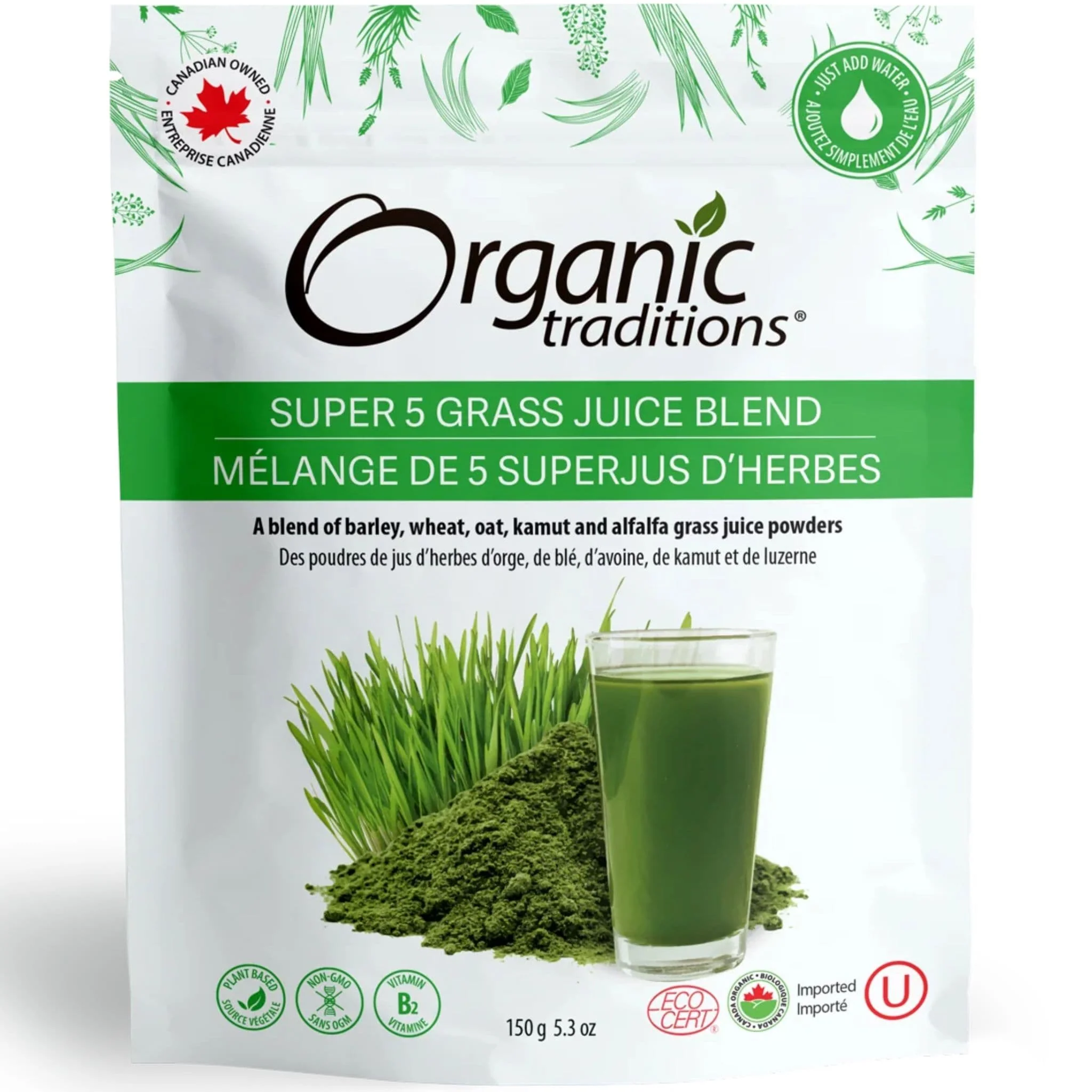 Organic Traditions Super 5 Grass Juice Blend, 100% Raw Juice from Young Grasses Alfalfa, Barley, Kamut, Oat, Wheat, 150g