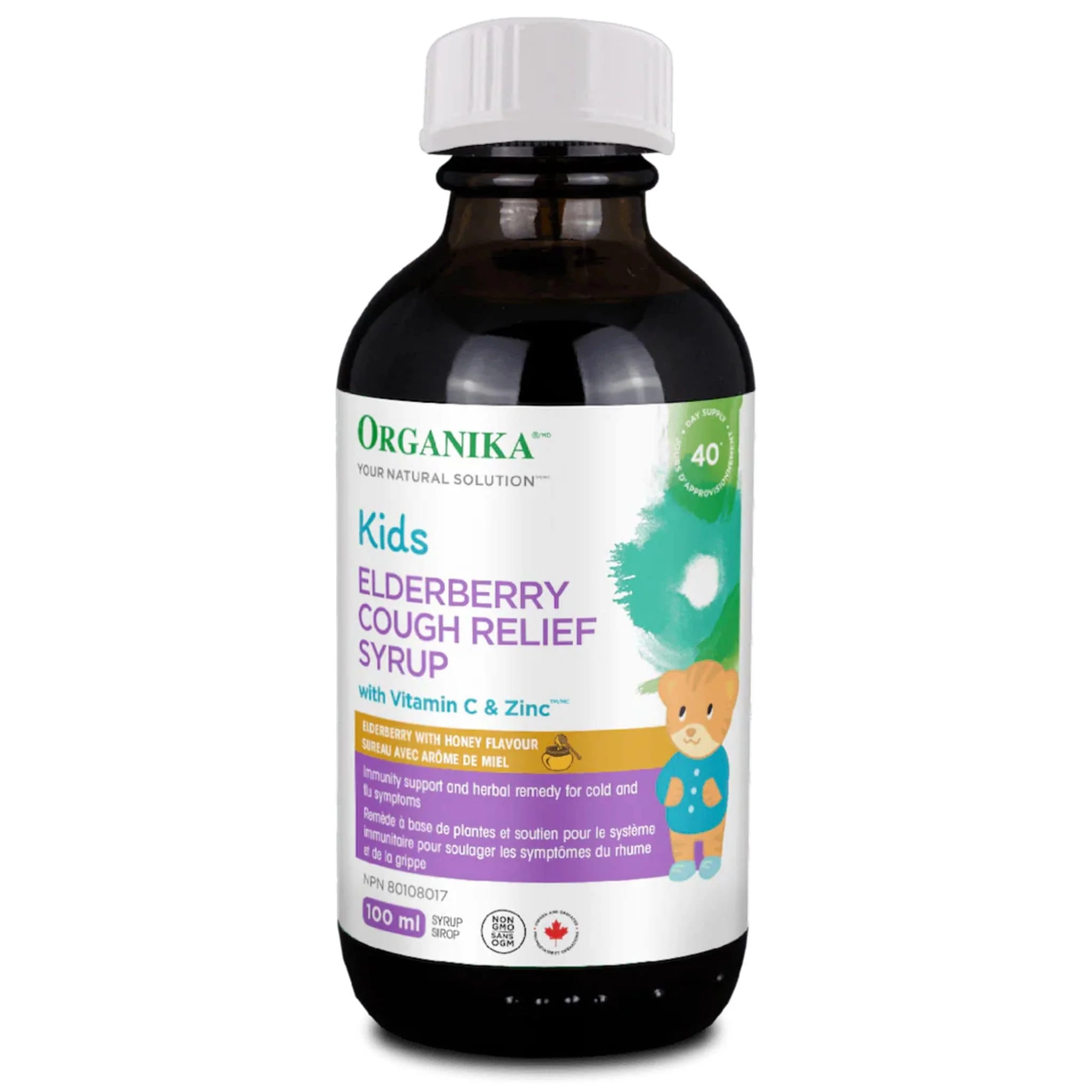 Organika Kids Elderberry Cough Relief Syrup, Natural Cold Medicine with Elderberry, Vitamin C, and Zinc, Relieves Cough, Sore Throat and Mucus, 100ml