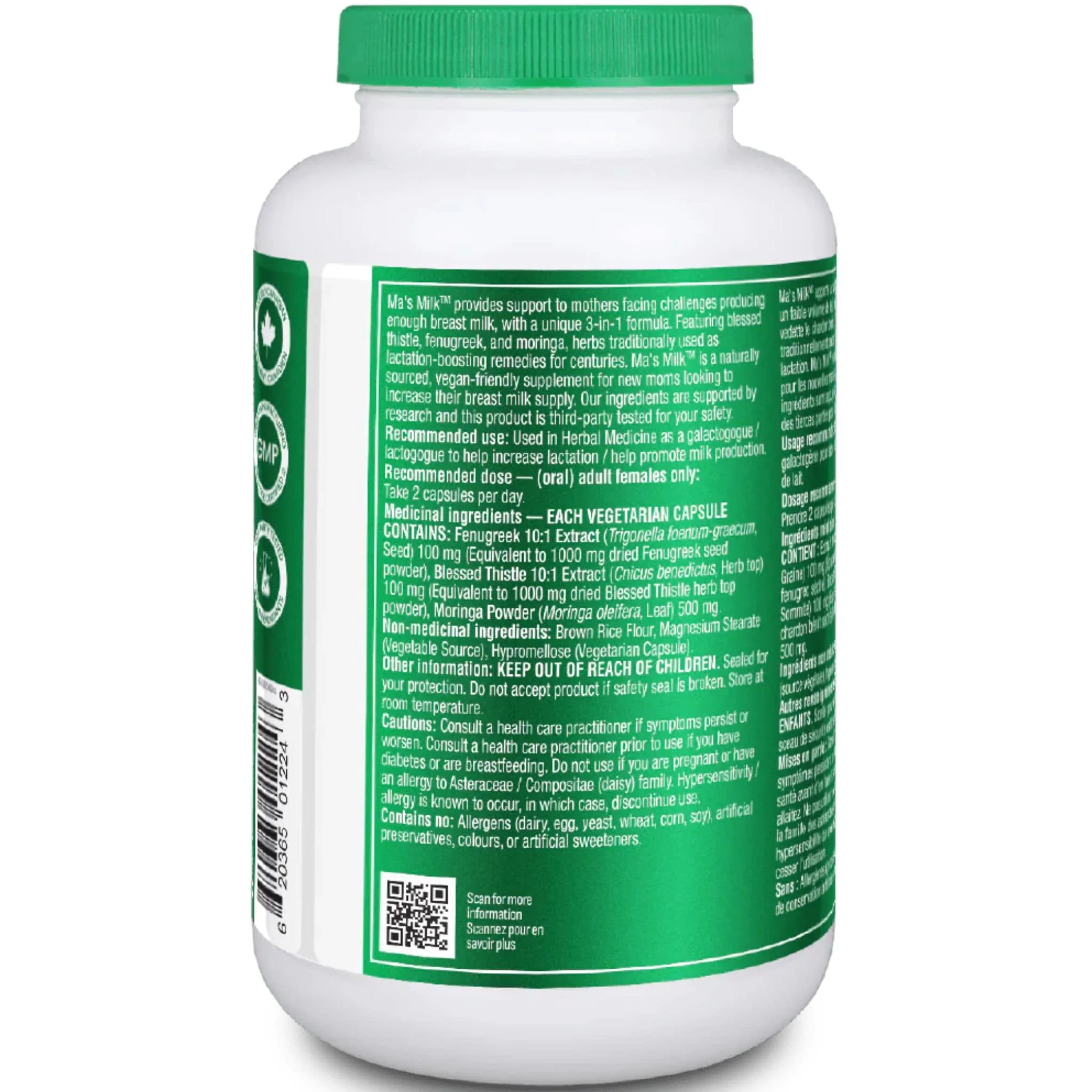 Organika Ma's Milk 3-in-1 Lactation Booster (Fenugreek, Blessed Thistle and Moringa) 120 Capsules - Image 3