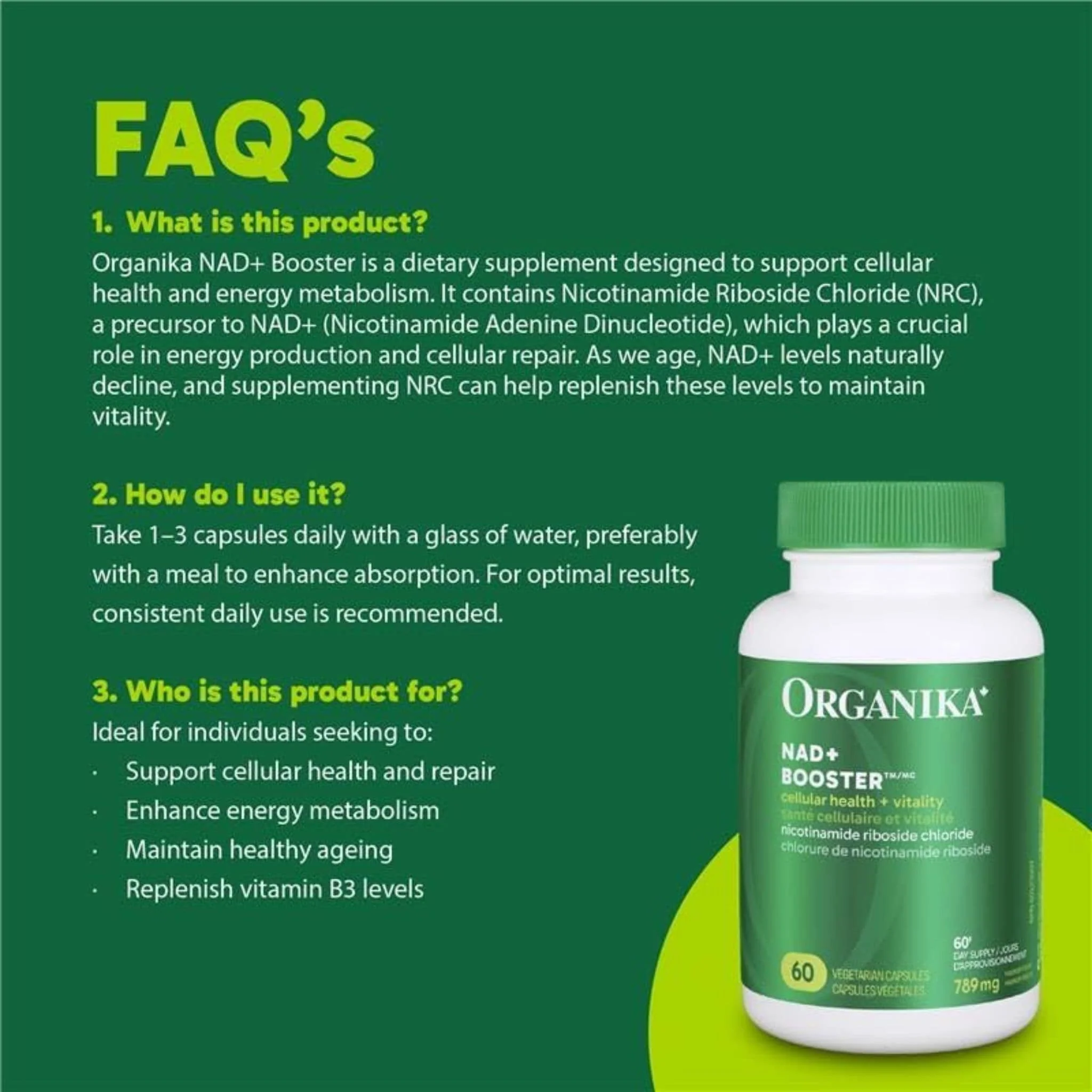 Organika NAD+ Booster, Anti-aging Support, NRC (Nicotinamide Riboside Chloride), 60 Vegetarian Capsules - Image 8