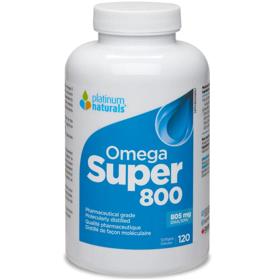 Platinum Naturals Omega Pure Super 800 Fish Oil, 805mg EPA/DHA Pharmaceutical Grade Fish Oil, Molecularly Distilled,  120 Liquid Softgels