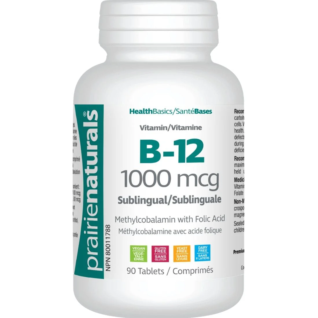 Prairie Naturals Vitamin B12 Methylcobalamin 1000mcg with Folic Acid