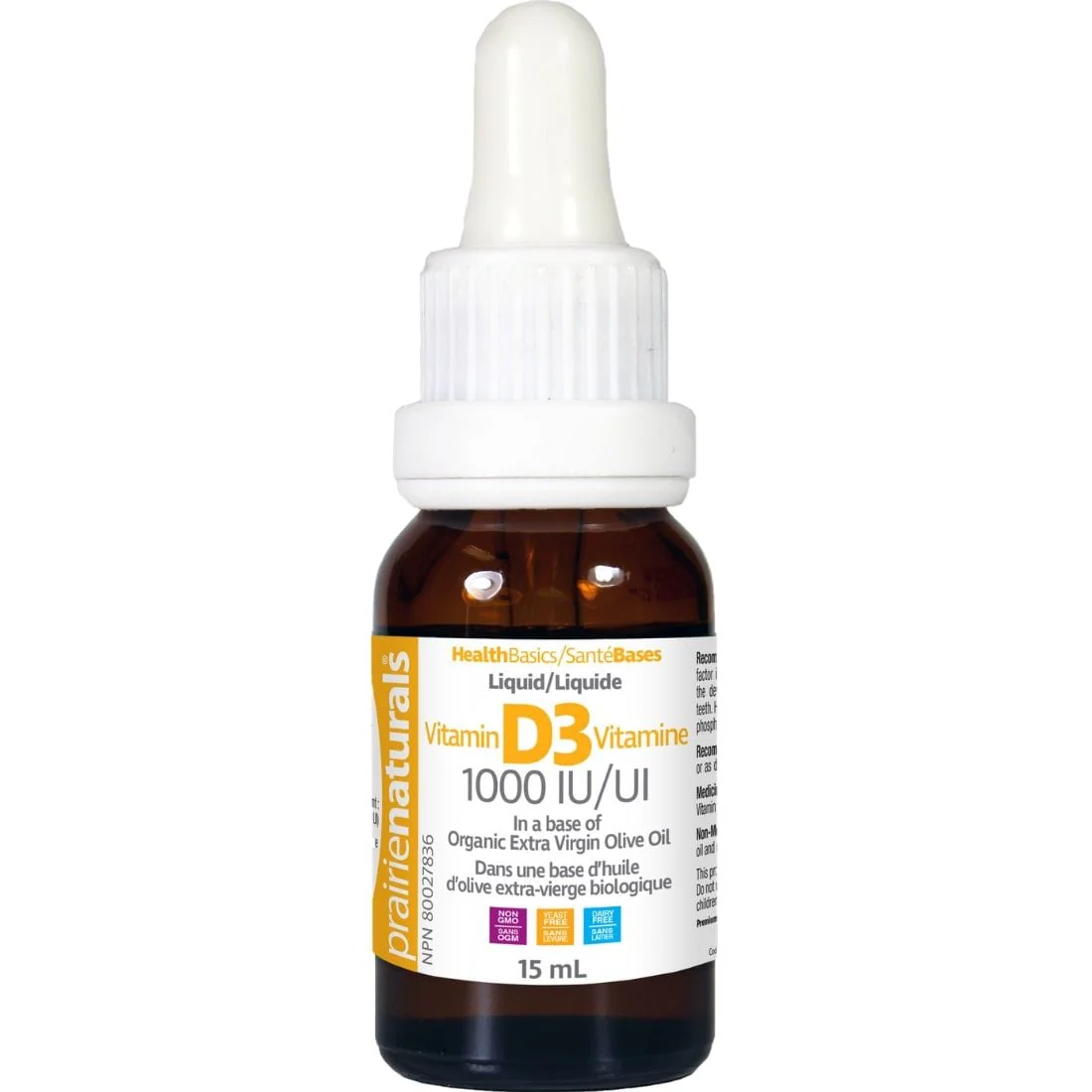 Prairie Naturals Vitamin D3 Drops, 1000IU in a base of Organic Extra Virgin Olive Oil, 500 Servings (15ml)