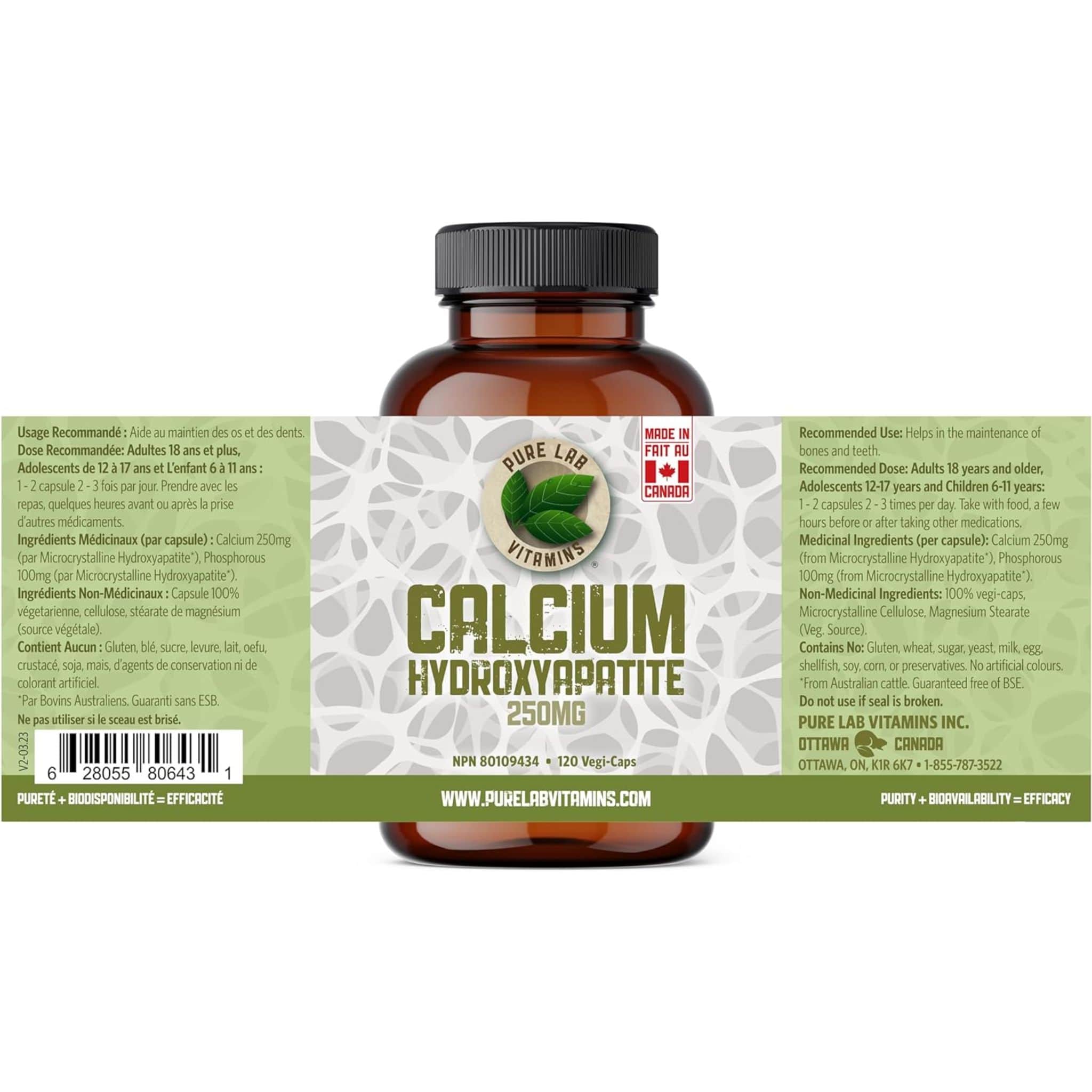 Pure Lab Vitamins Calcium Hydroxyapatite 250mg, 120 Vegetable Capsules - Image 4