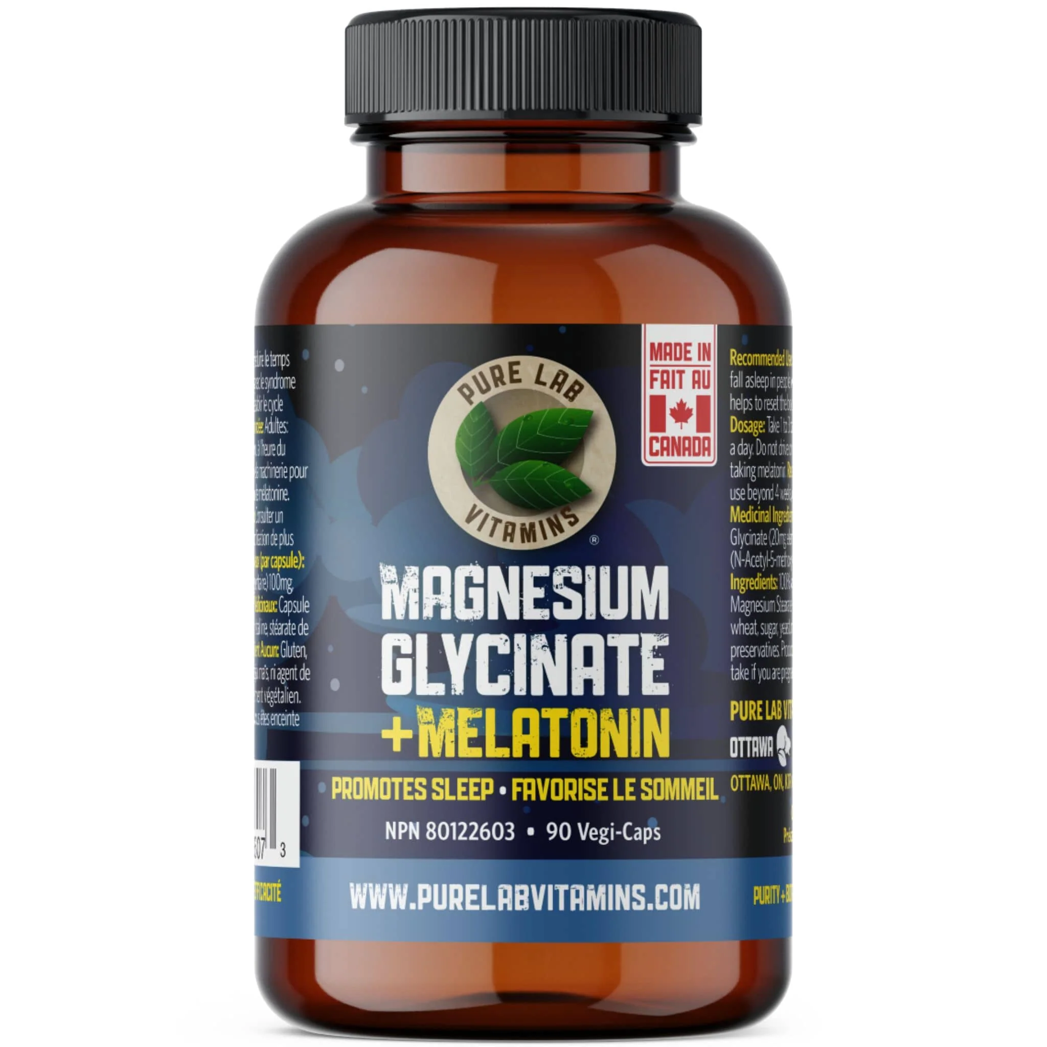 Pure Lab Vitamins Magnesium Glycinate + Melatonin, 90 Capsules