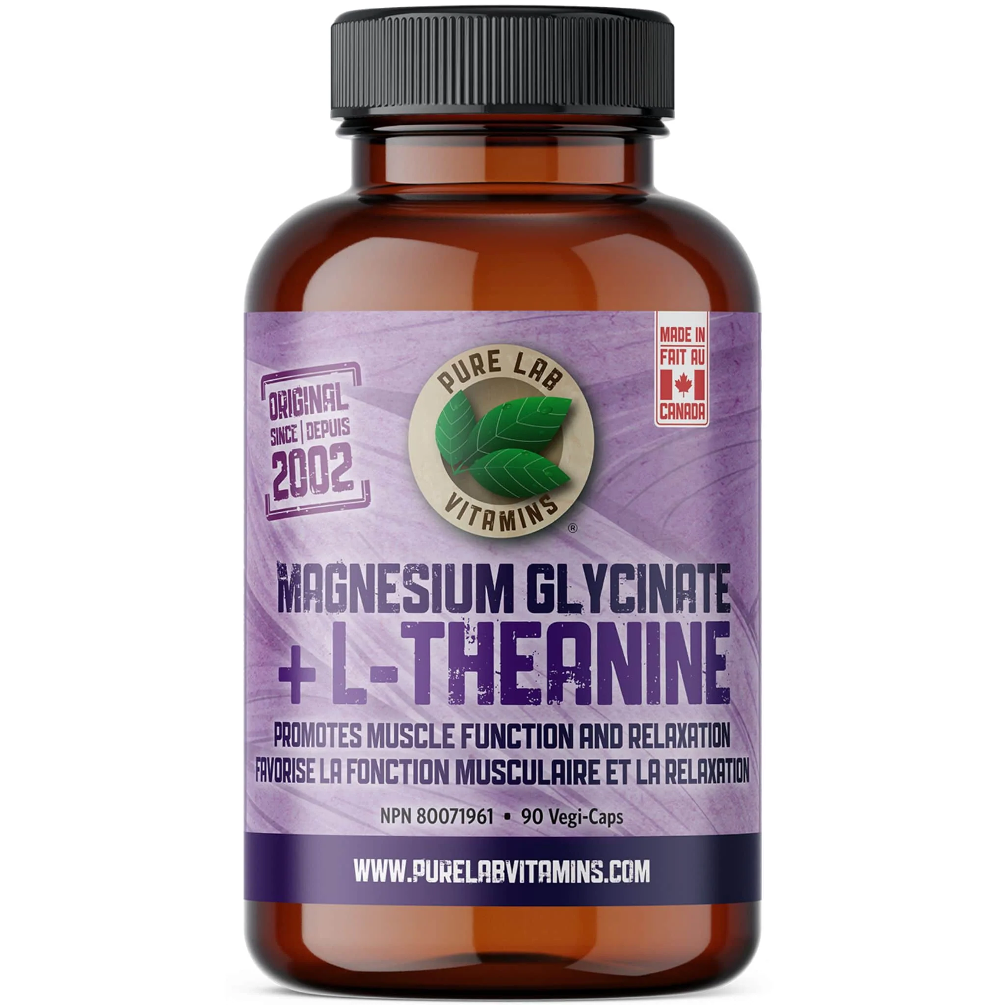 Pure Lab Vitamins Magnesium Glycinate 75mg + L-Theanine 150mg, 90 Vegetable Capsules