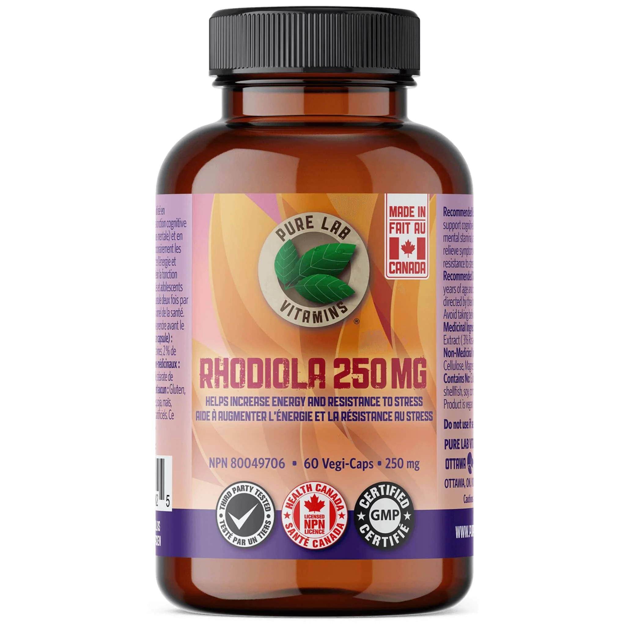 Pure Lab Vitamins Rhodiola 250mg, Suports Enpergy, Stamina and Stress Resistance, 60 Vegetable Capsules