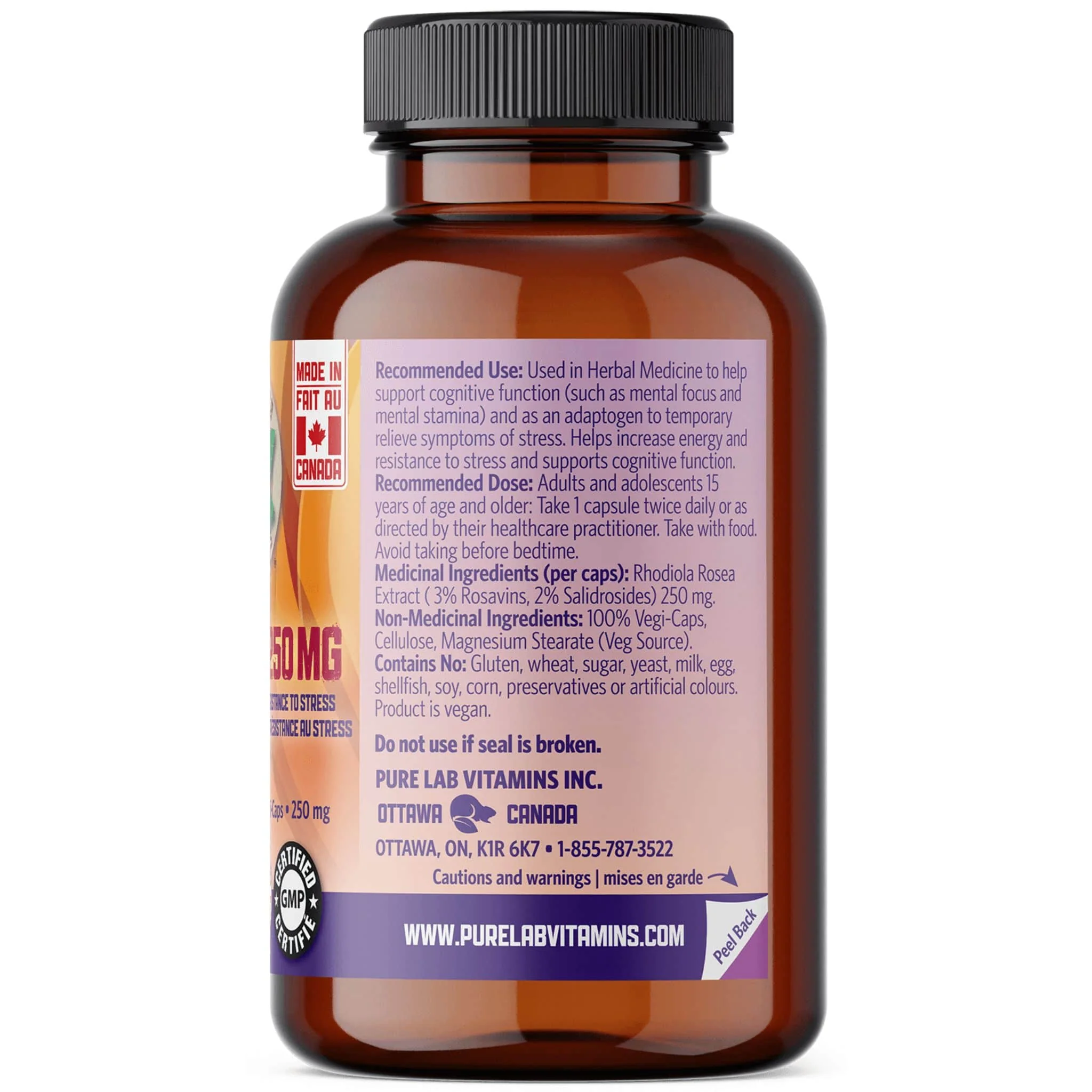 Pure Lab Vitamins Rhodiola 250mg, Suports Enpergy, Stamina and Stress Resistance, 60 Vegetable Capsules - Image 2