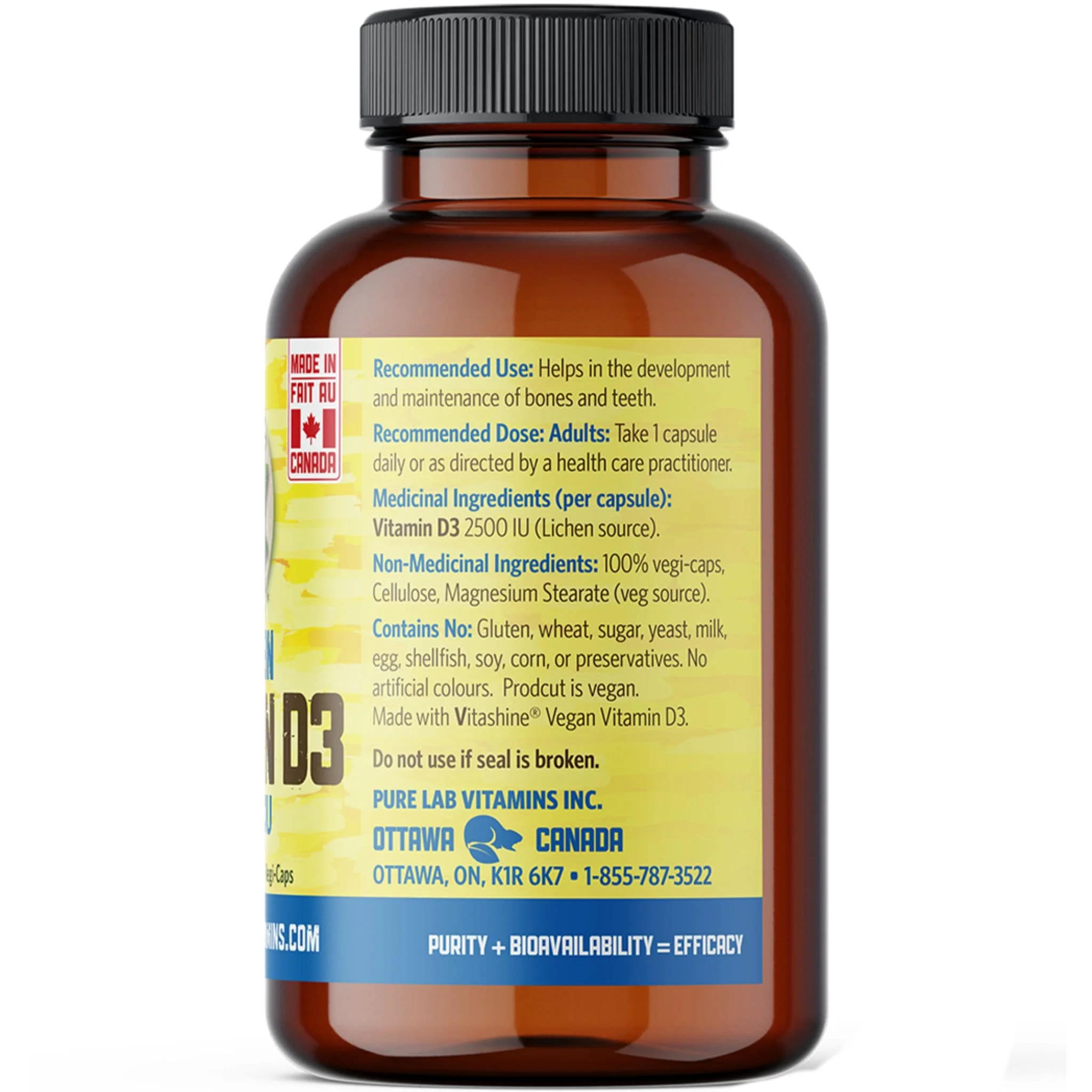 Pure Lab Vitamins Vegan Vitamin D3 2500IU, 120 Capsules - Image 2