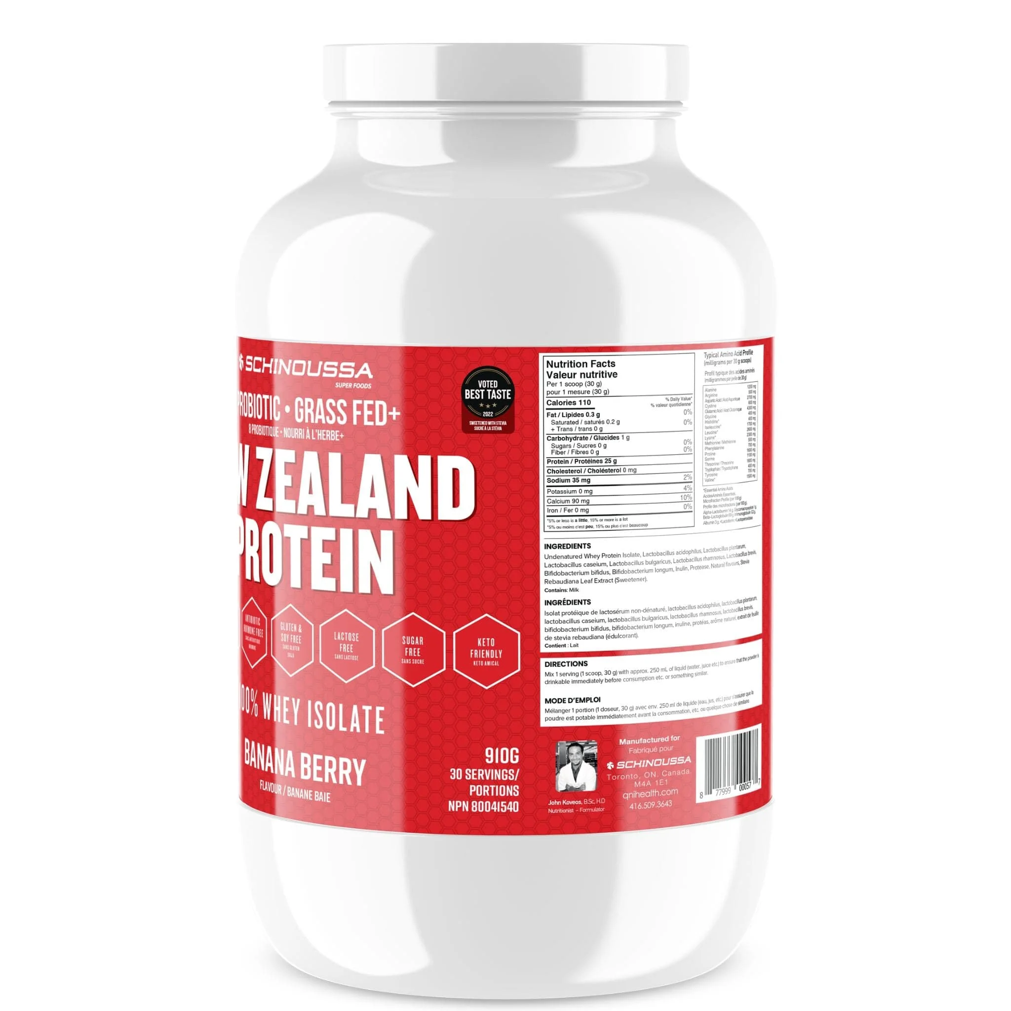 Schinoussa Probiotic Grass Fed New Zealand Protein 100% Whey Isolate Protein, 30 Servings - Image 8
