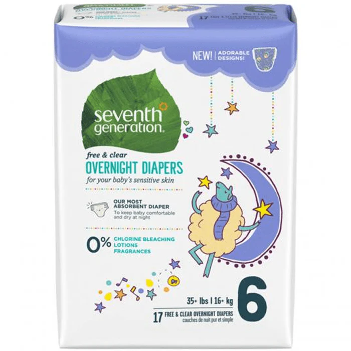 Seventh Generation Free & Clear Overnight Diapers. Ultra Absorbent, No chlorine bleaching, lotions, or fragrances added