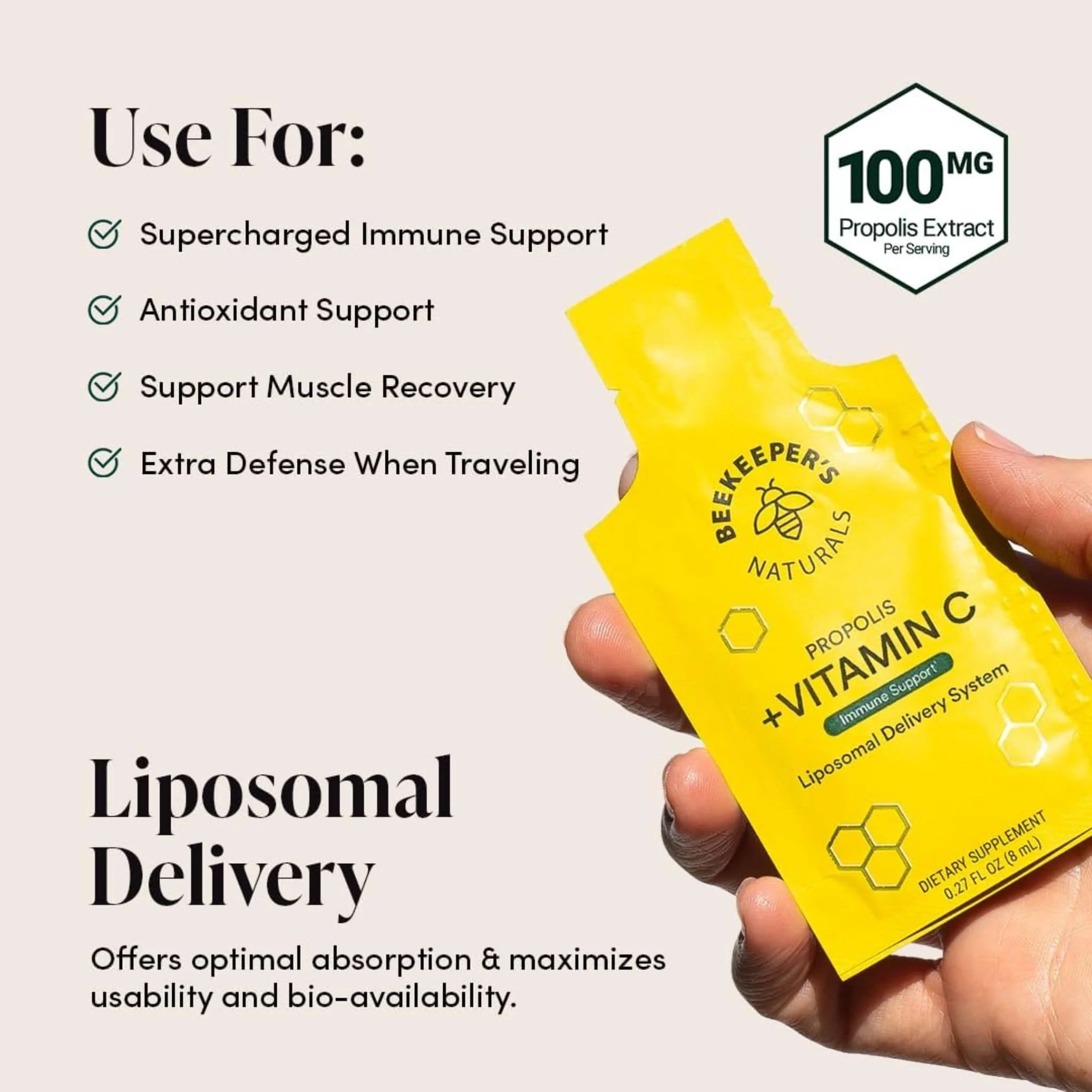 Beekeepers Liposomal Vitamin C 1000mg with Liposomal Propolis 100mg, 8ml x 12 Single Serving Packs - Image 3
