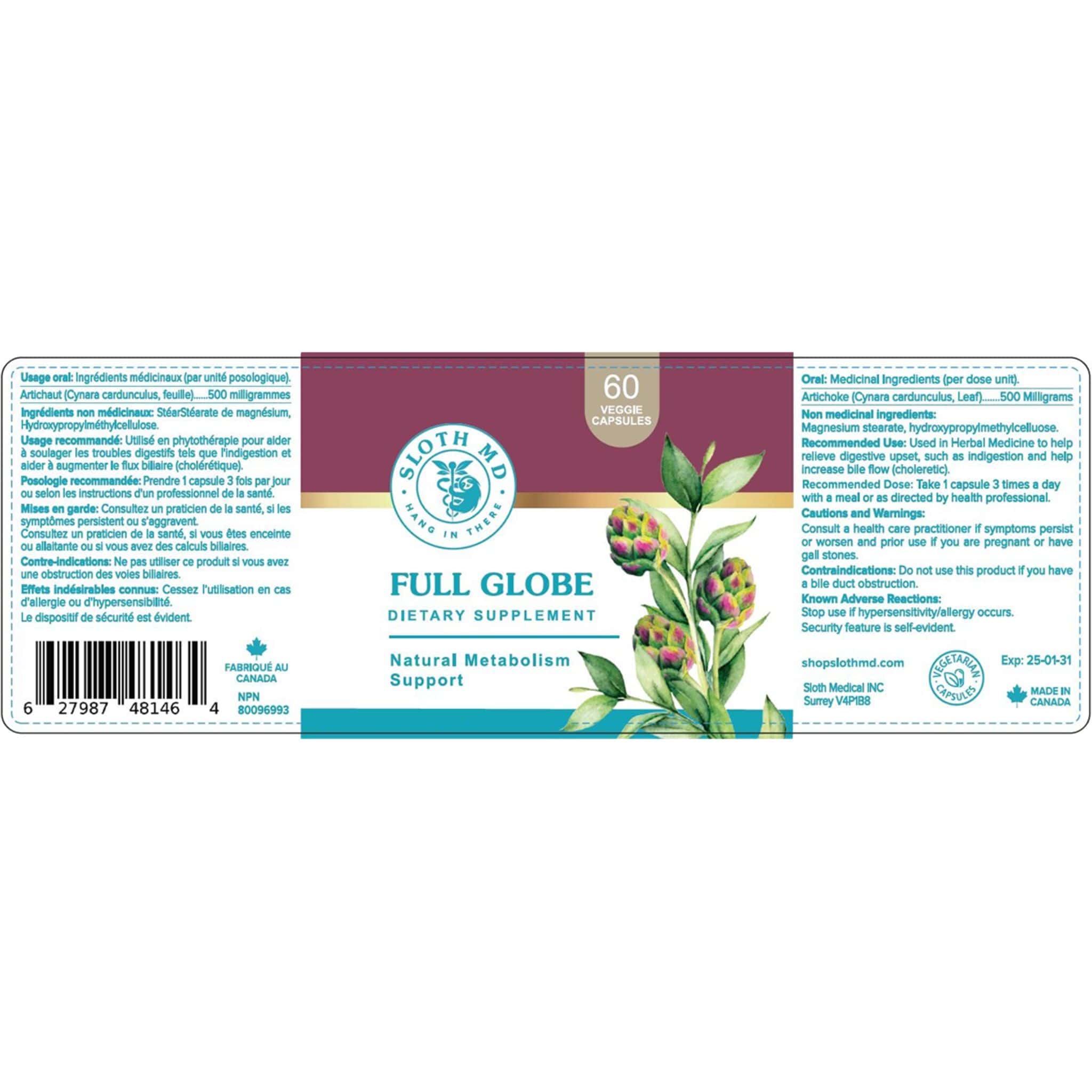 Sloth MD Full Globe Artichoke, Natural Metabolism Support, 60 Vegetable Capsules - Image 2