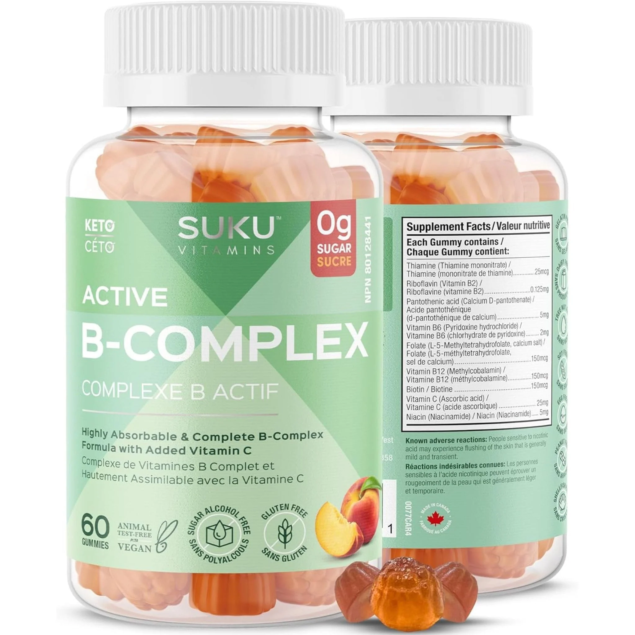 Suku Vitamins Active B-Complex Gummies, Gluten-Free, Peach Flavour, 60 Vegan Gummies