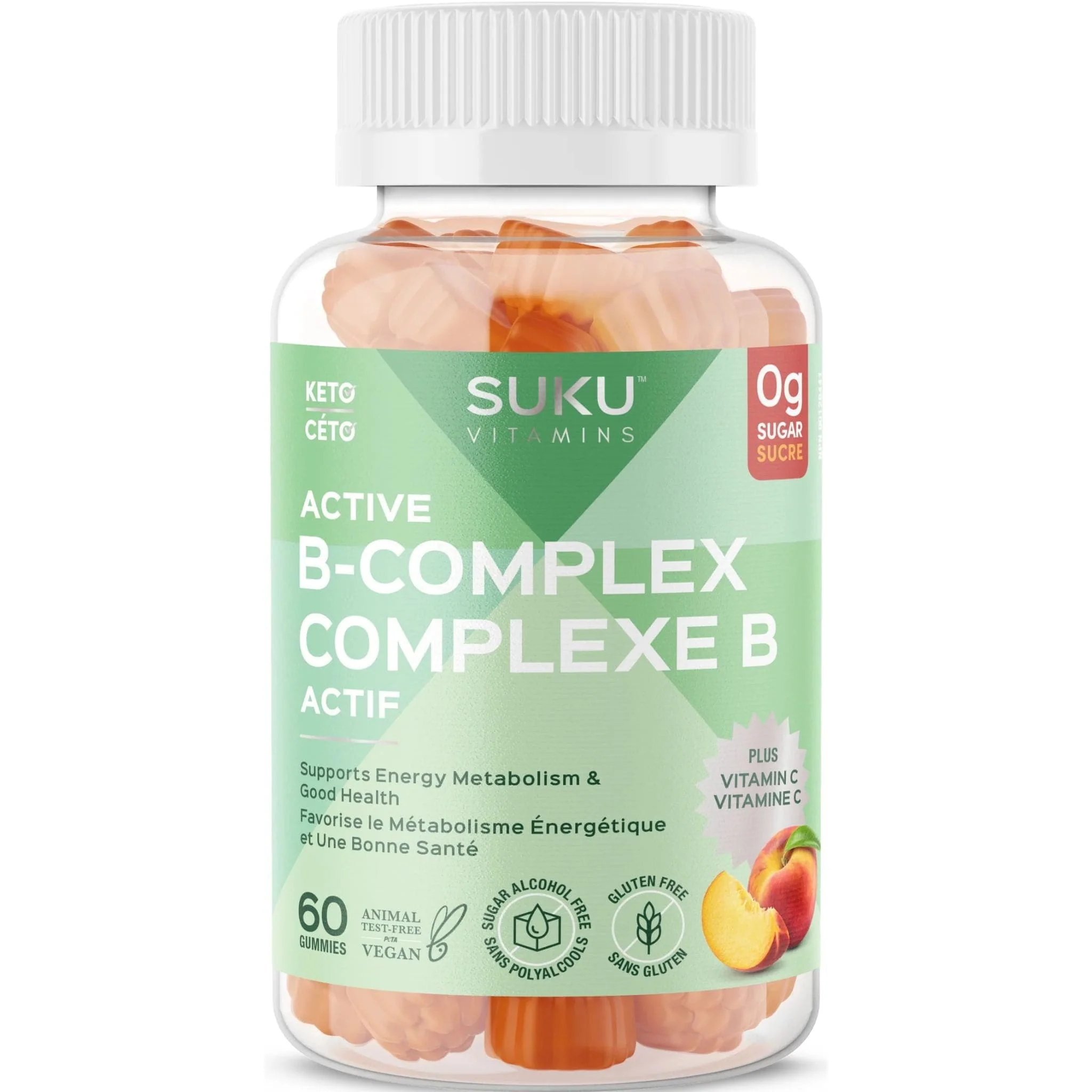 Suku Vitamins Active B-Complex Gummies, Gluten-Free, Peach Flavour, 60 Vegan Gummies - Image 2