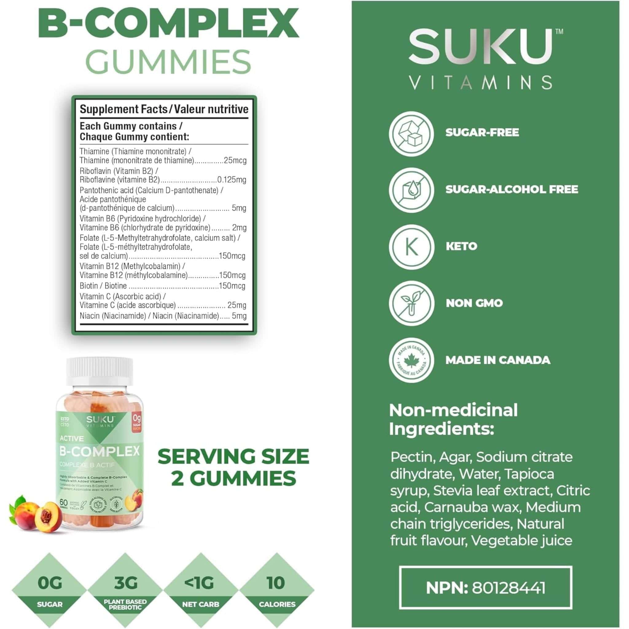 Suku Vitamins Active B-Complex Gummies, Gluten-Free, Peach Flavour, 60 Vegan Gummies - Image 5