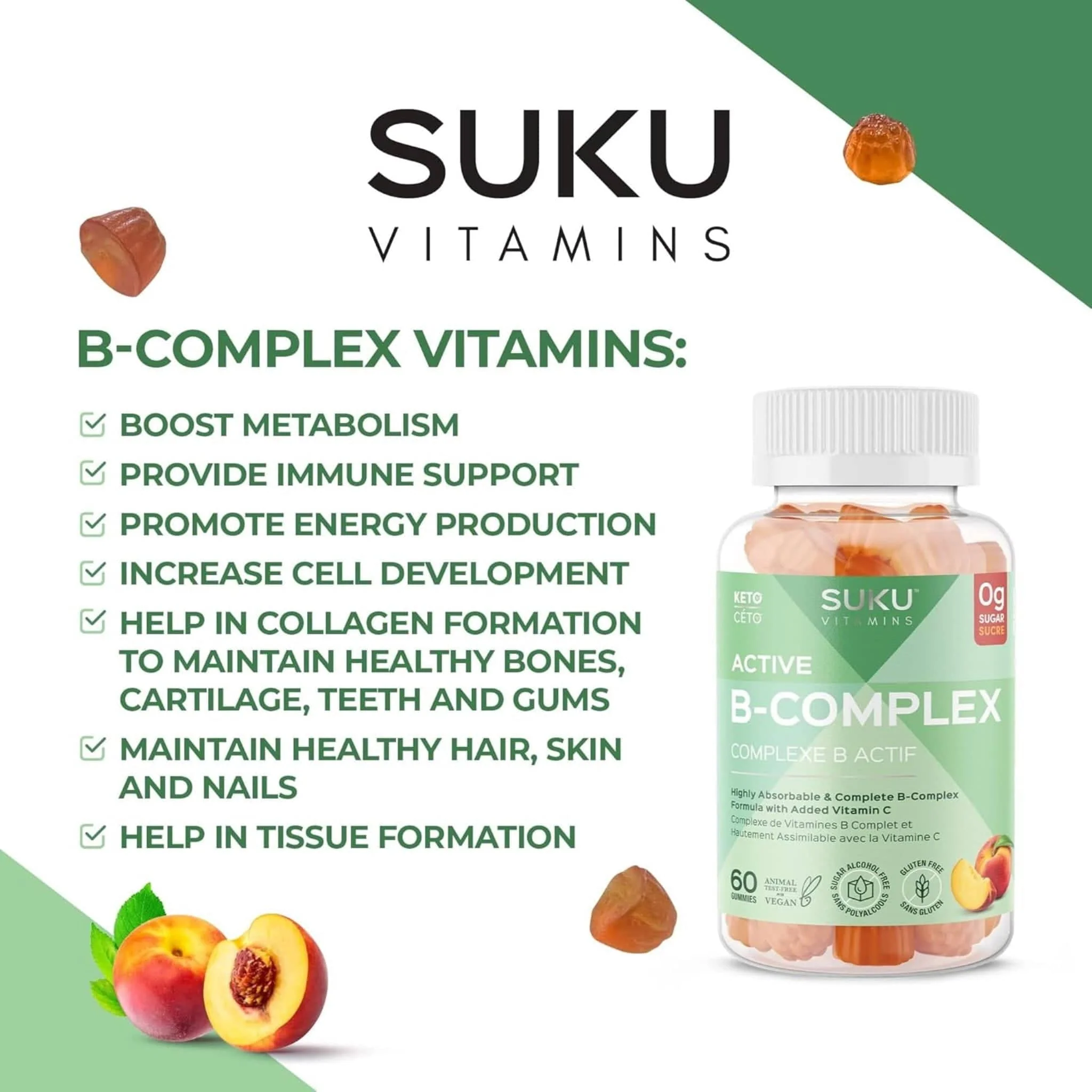 Suku Vitamins Active B-Complex Gummies, Gluten-Free, Peach Flavour, 60 Vegan Gummies - Image 6
