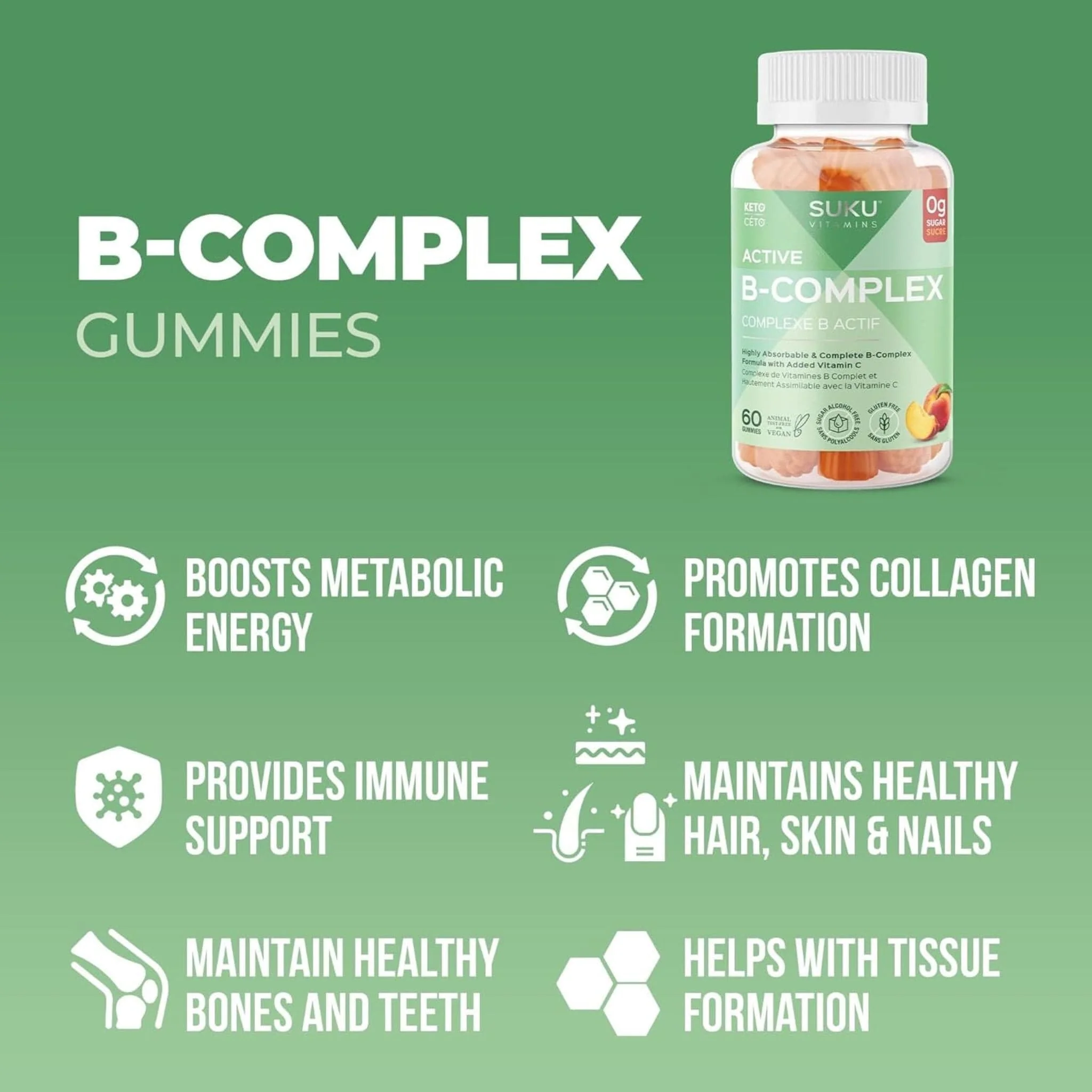 Suku Vitamins Active B-Complex Gummies, Gluten-Free, Peach Flavour, 60 Vegan Gummies - Image 8