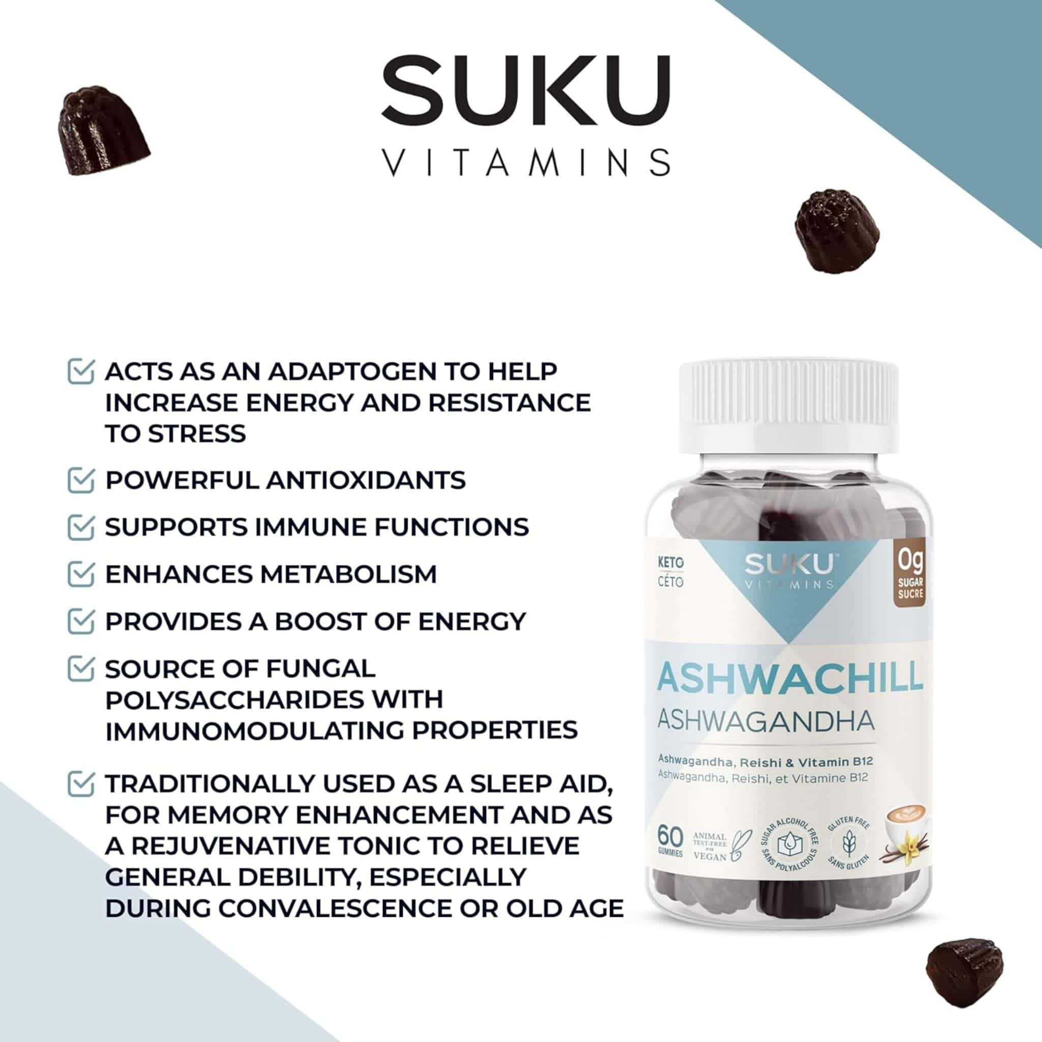 SUKU Vitamins Ashwachill, Ashwagandha Gummies with Reishi and B12, 60 Gummies - Image 6