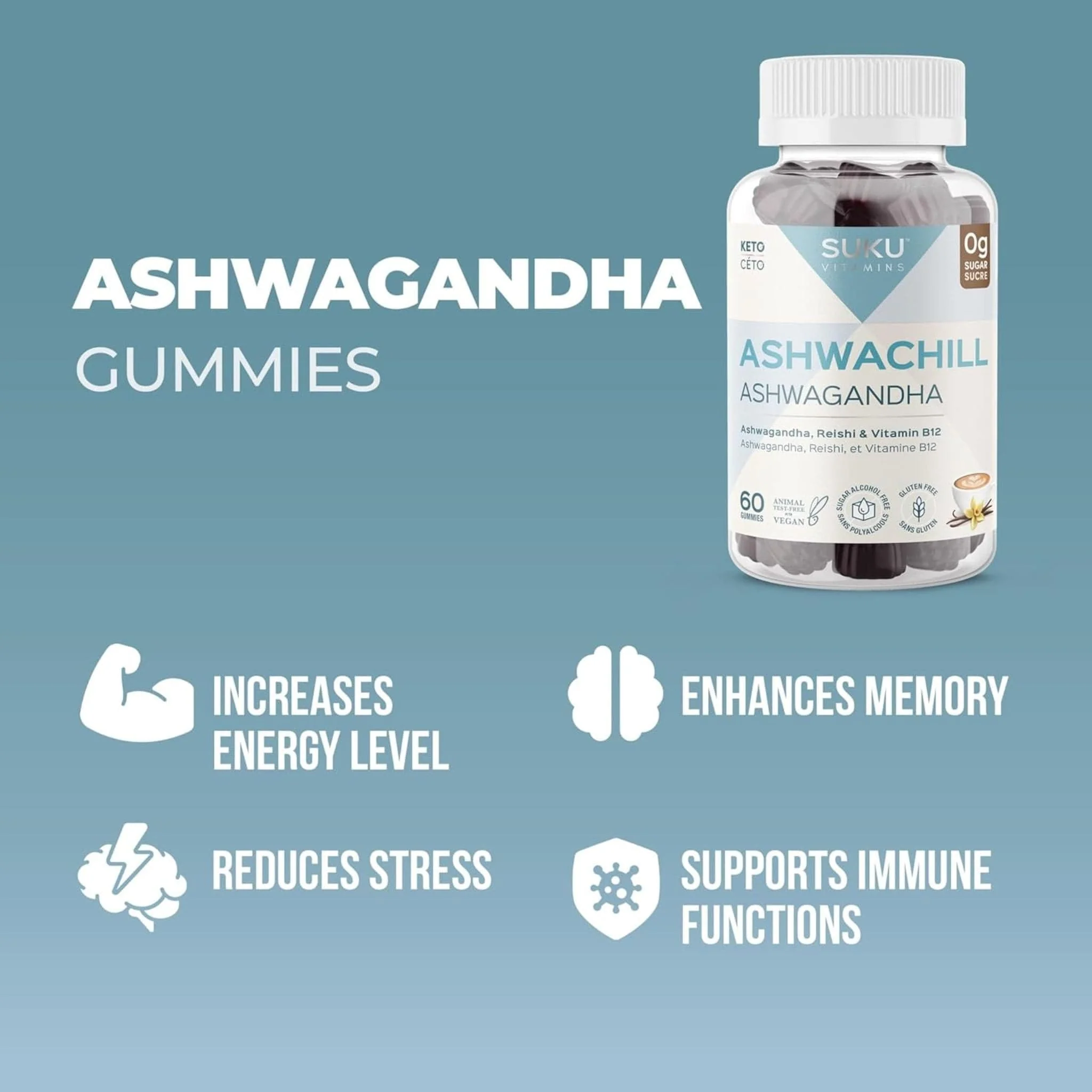 SUKU Vitamins Ashwachill, Ashwagandha Gummies with Reishi and B12, 60 Gummies - Image 8