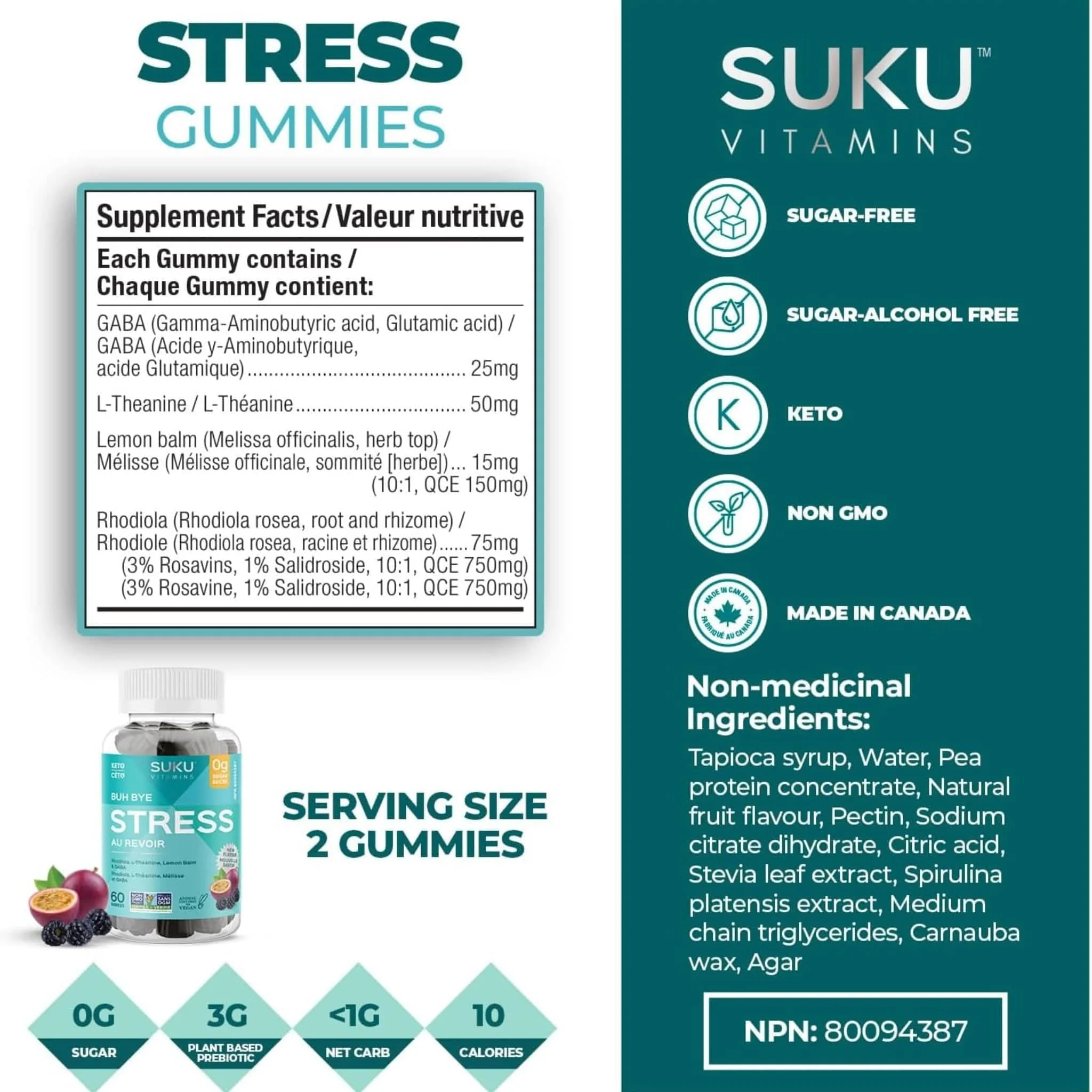 Suku Vitamins Buh Bye Stress Gummies (GABA, Rhodiola, L-Theanine & Lemon Balm), 60 Gummies - Image 5