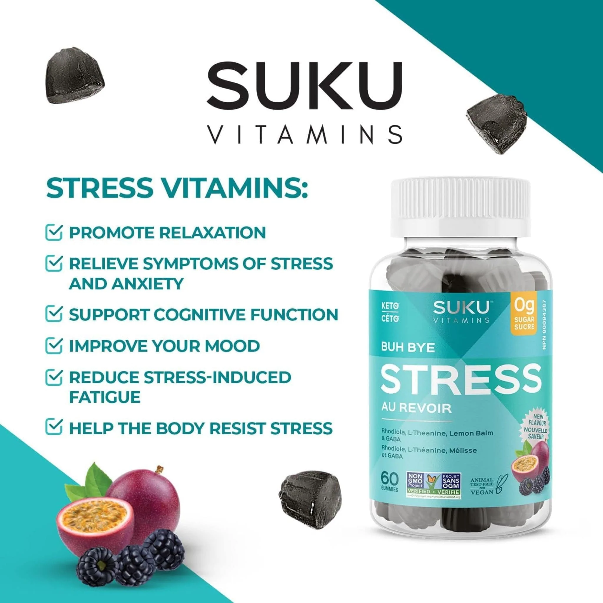 Suku Vitamins Buh Bye Stress Gummies (GABA, Rhodiola, L-Theanine & Lemon Balm), 60 Gummies - Image 7