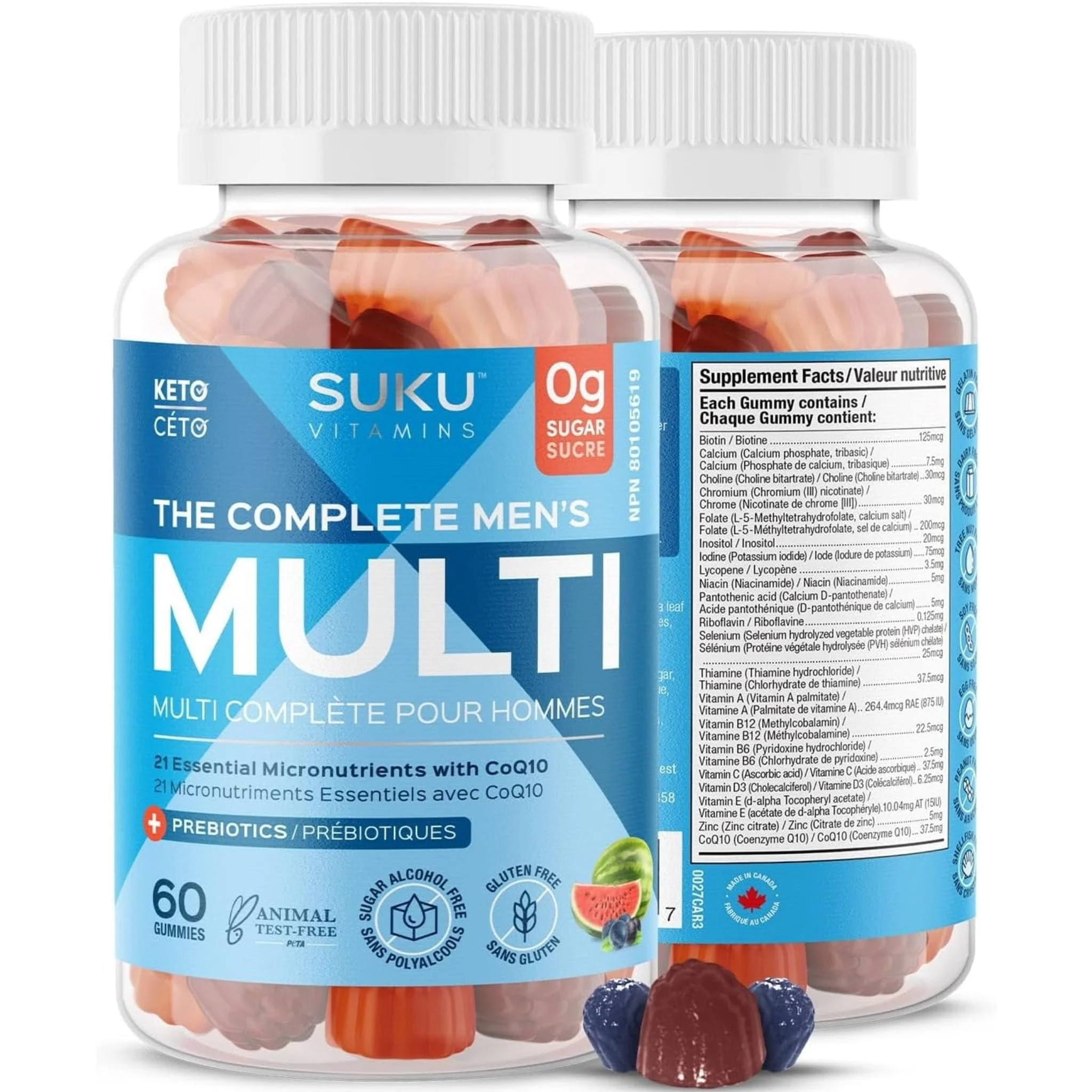 SUKU Vitamins Complete Men's Multi, 21 Essential Nutrients including CoQ10 and B12, Supports Energy, Immune and Prostate Health, 60 Gummies
