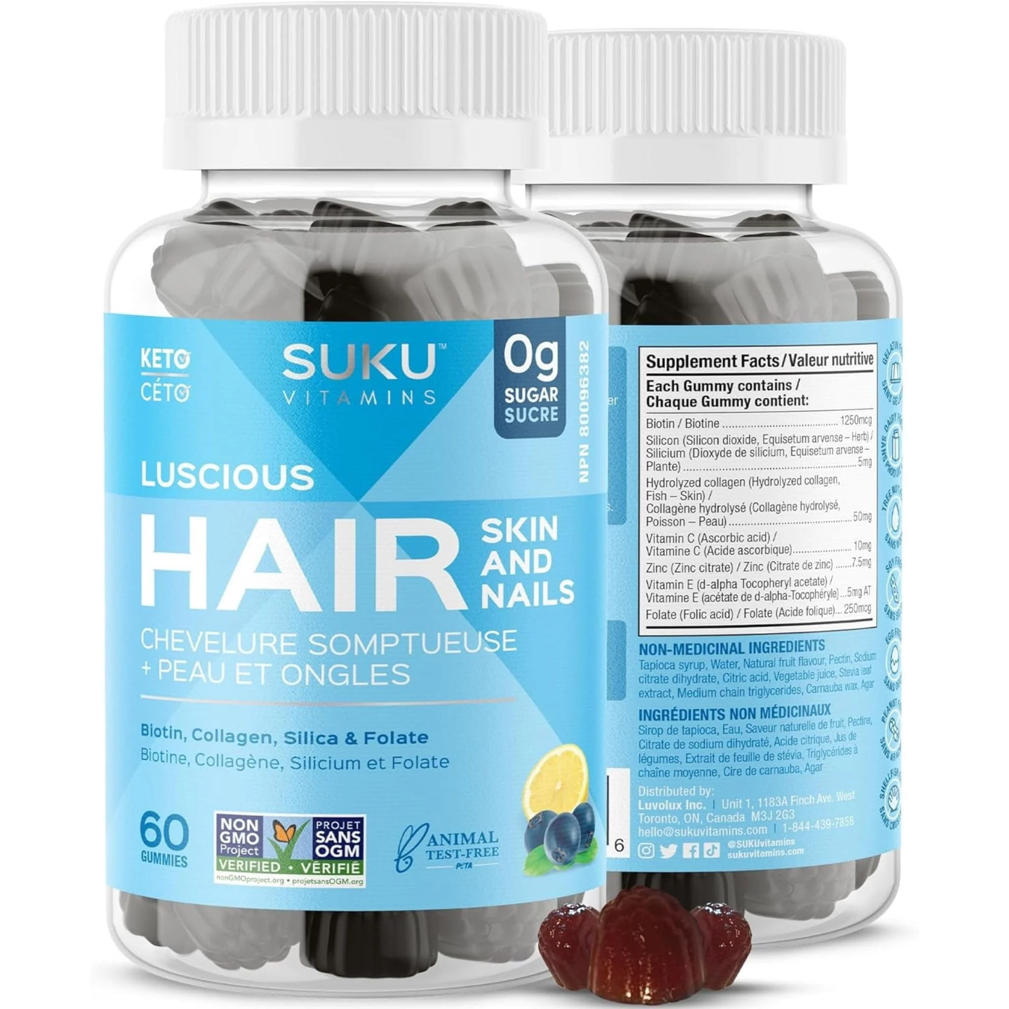 Suku Vitamins Luscious Hair (Silicon, Collagen & Biotin for Hair, Skin & Nails), 60 Gummies