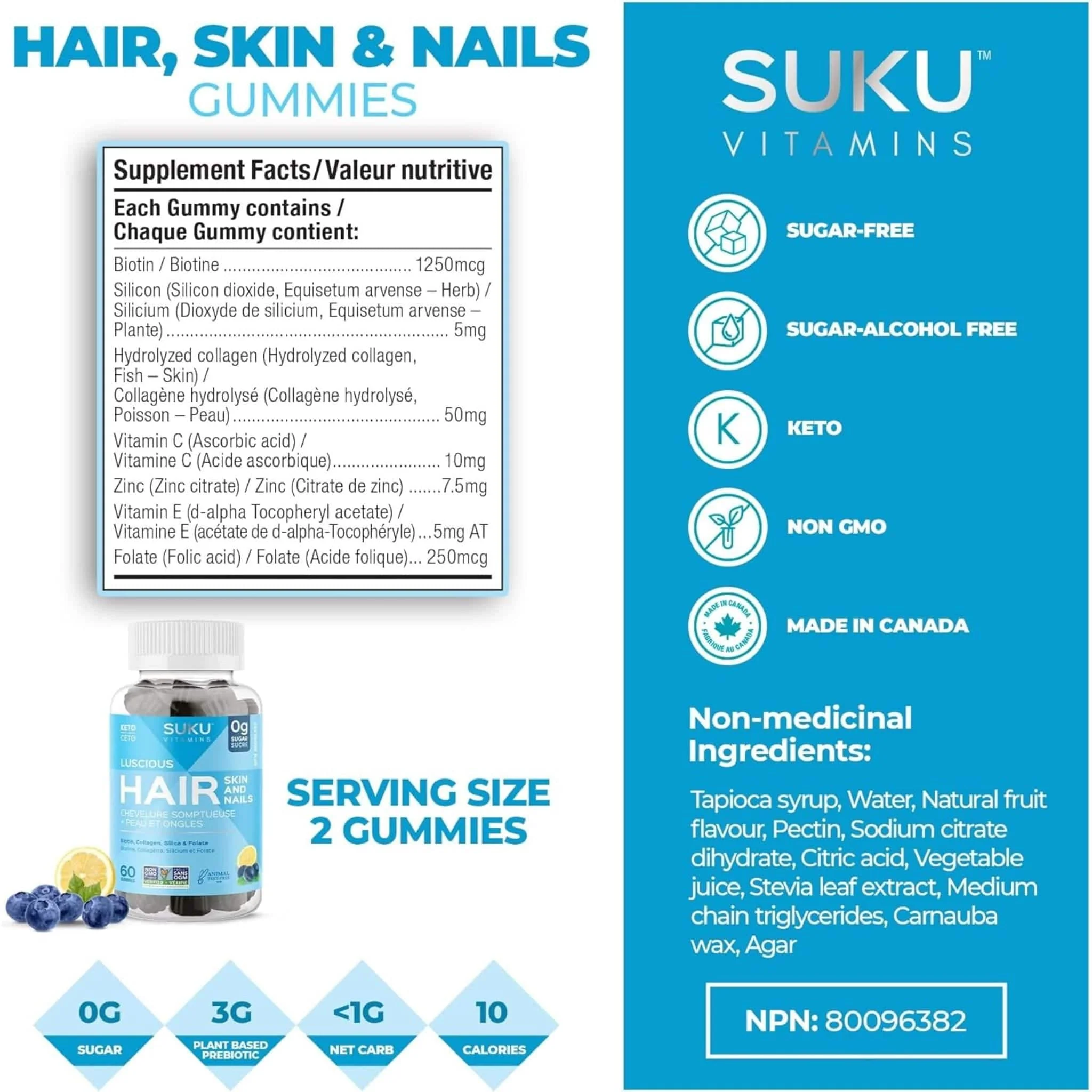 Suku Vitamins Luscious Hair (Silicon, Collagen & Biotin for Hair, Skin & Nails), 60 Gummies - Image 5