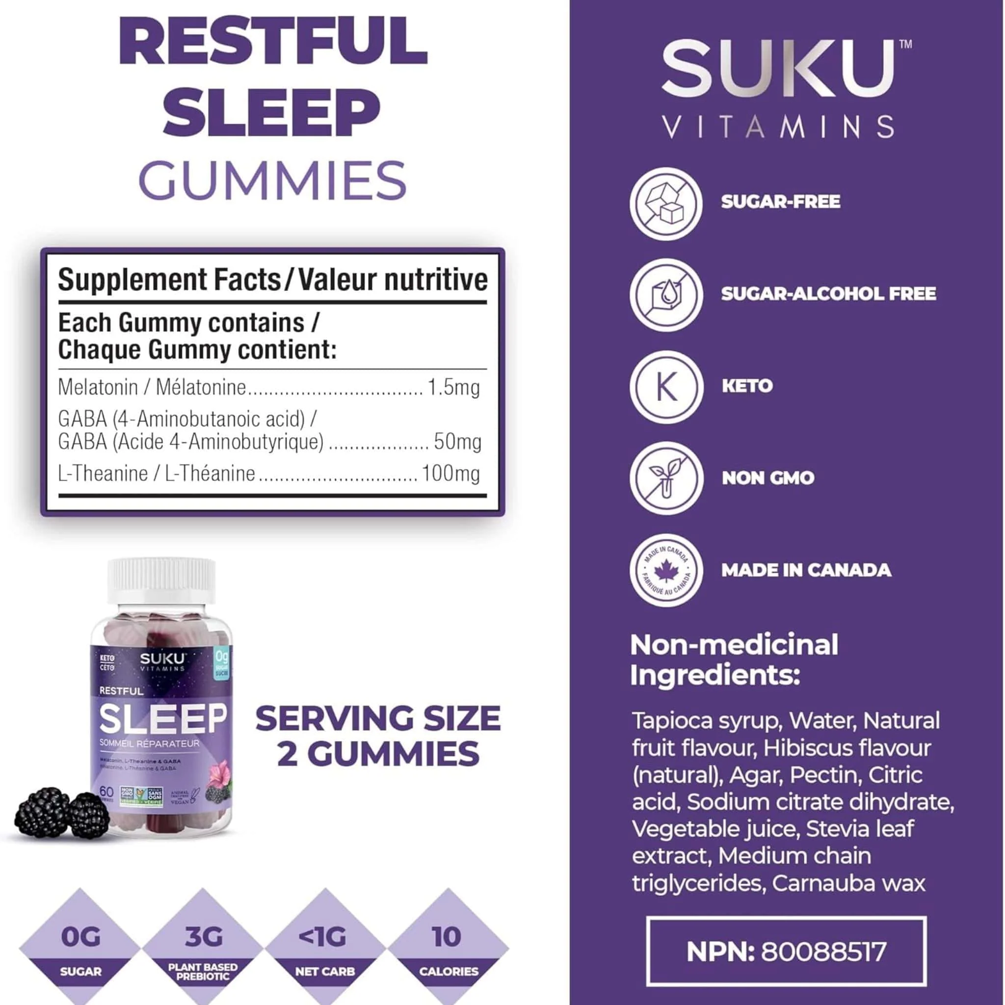 Suku Vitamins Restful Sleep (Melatonin, L-Theanine & GABA), 60 Gummies - Image 4